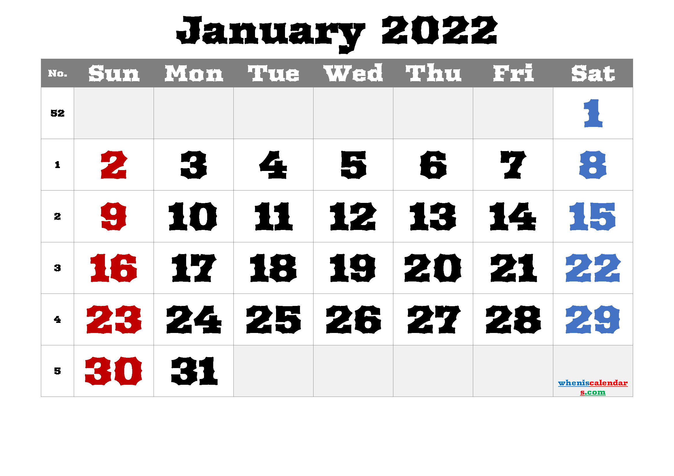 Printable January 2022 Calendar Free