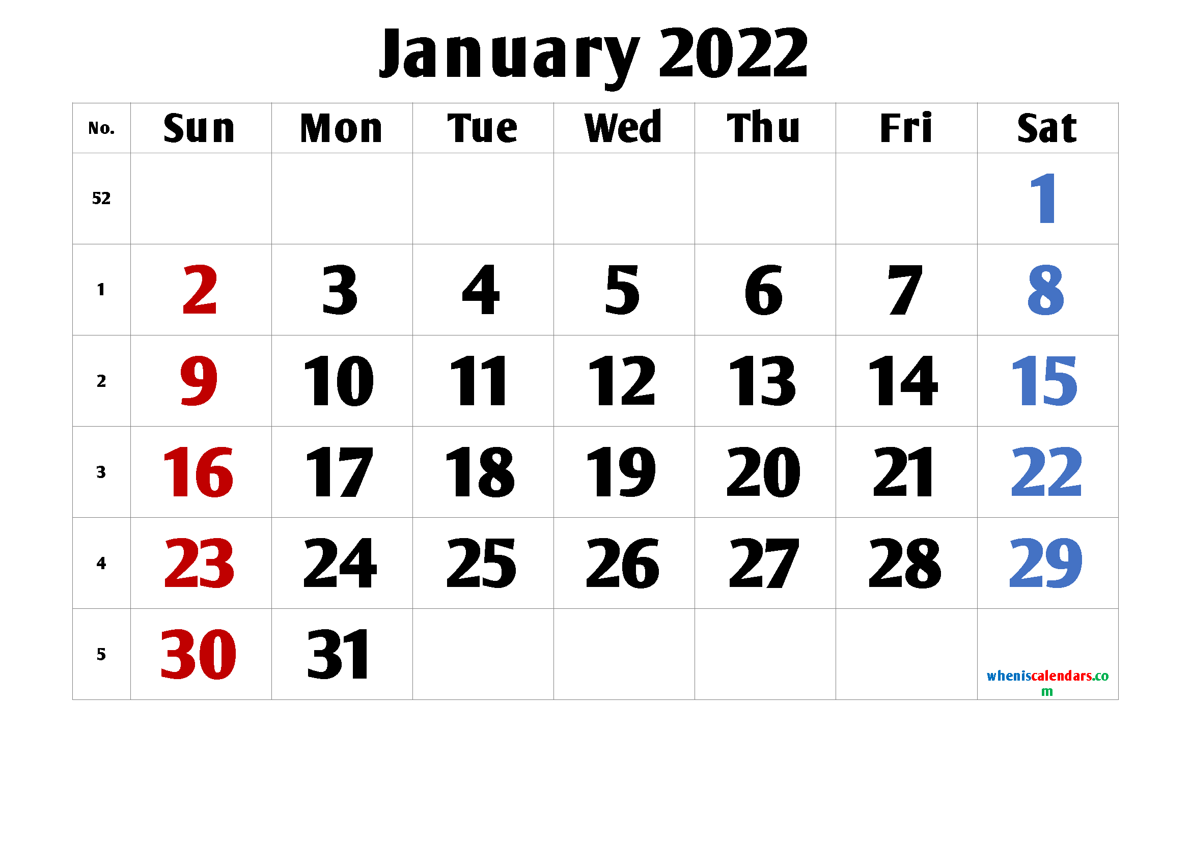 Free January 2022 Calendar with Holidays