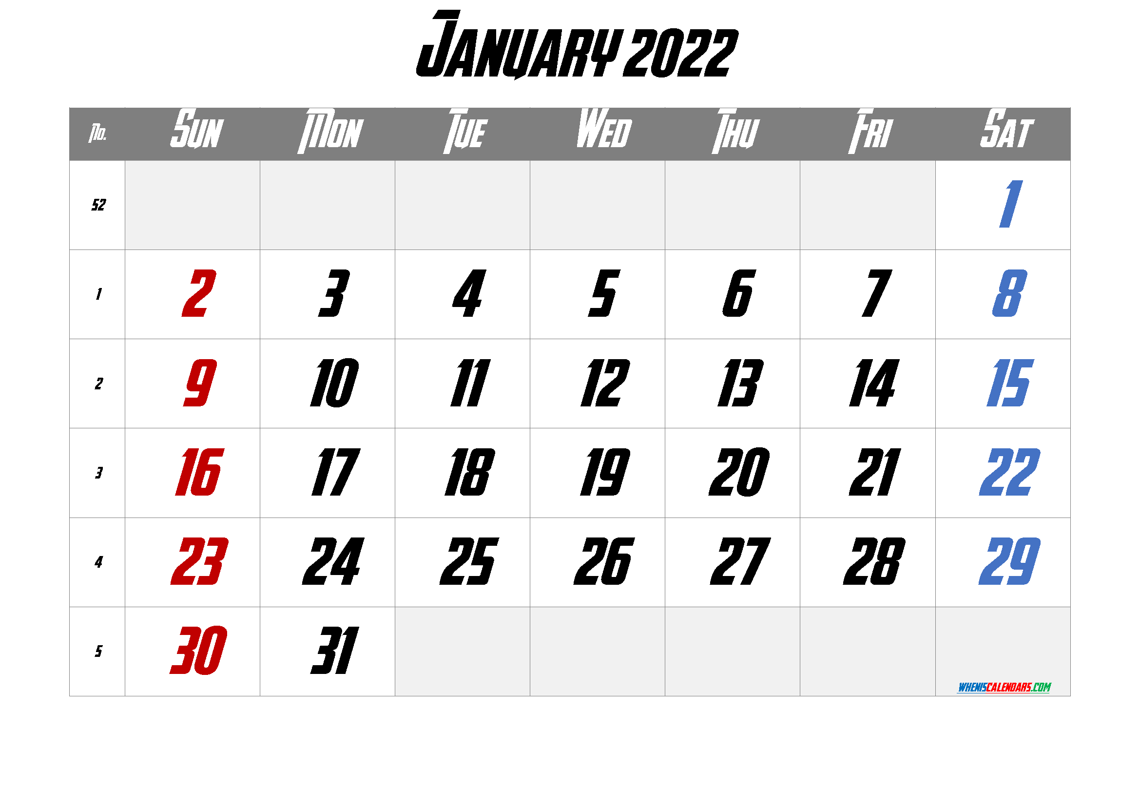 Free Printable January Calendar 2022