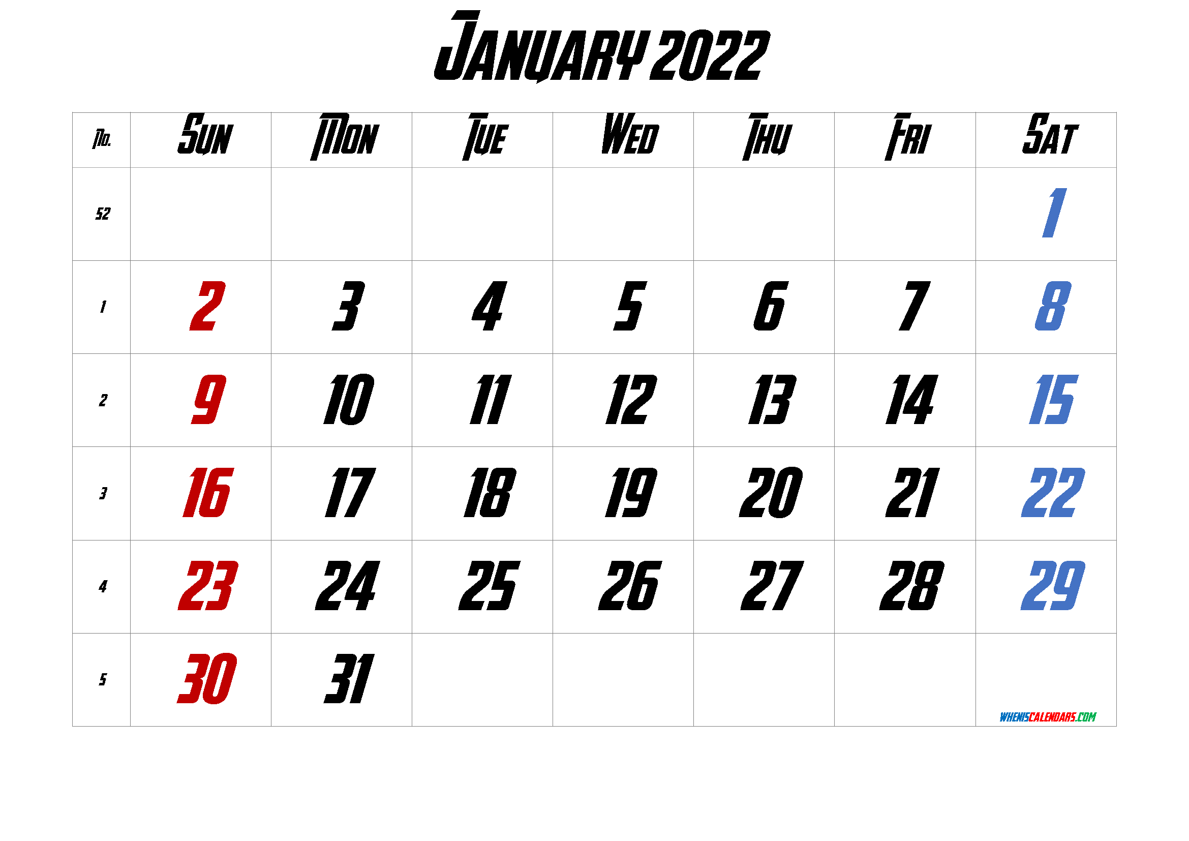 Free Cute January 2022 Calendar