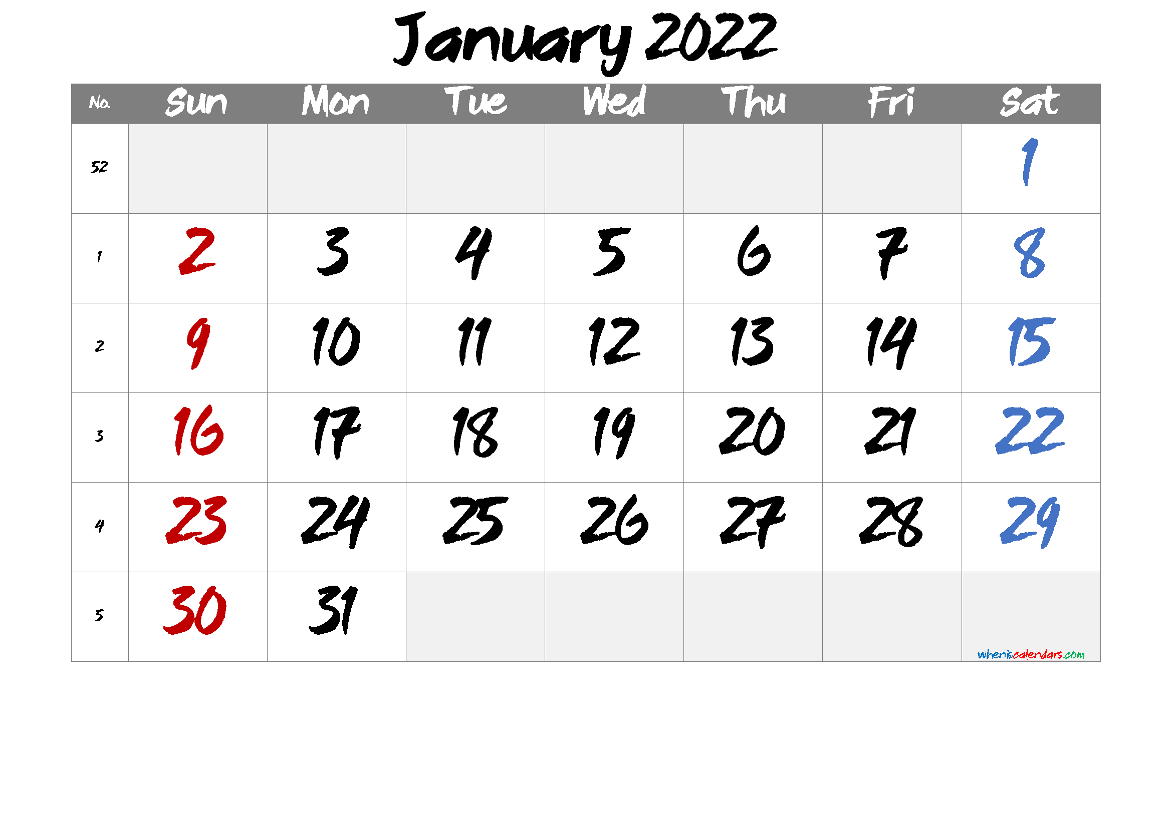 Free January Blank Calendar 2022