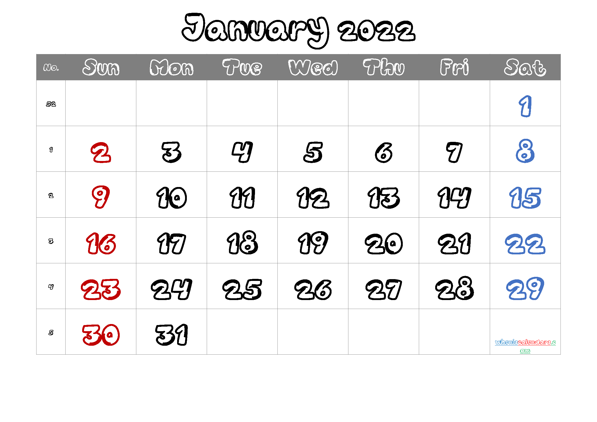 Free January 2022 Calendar PDF