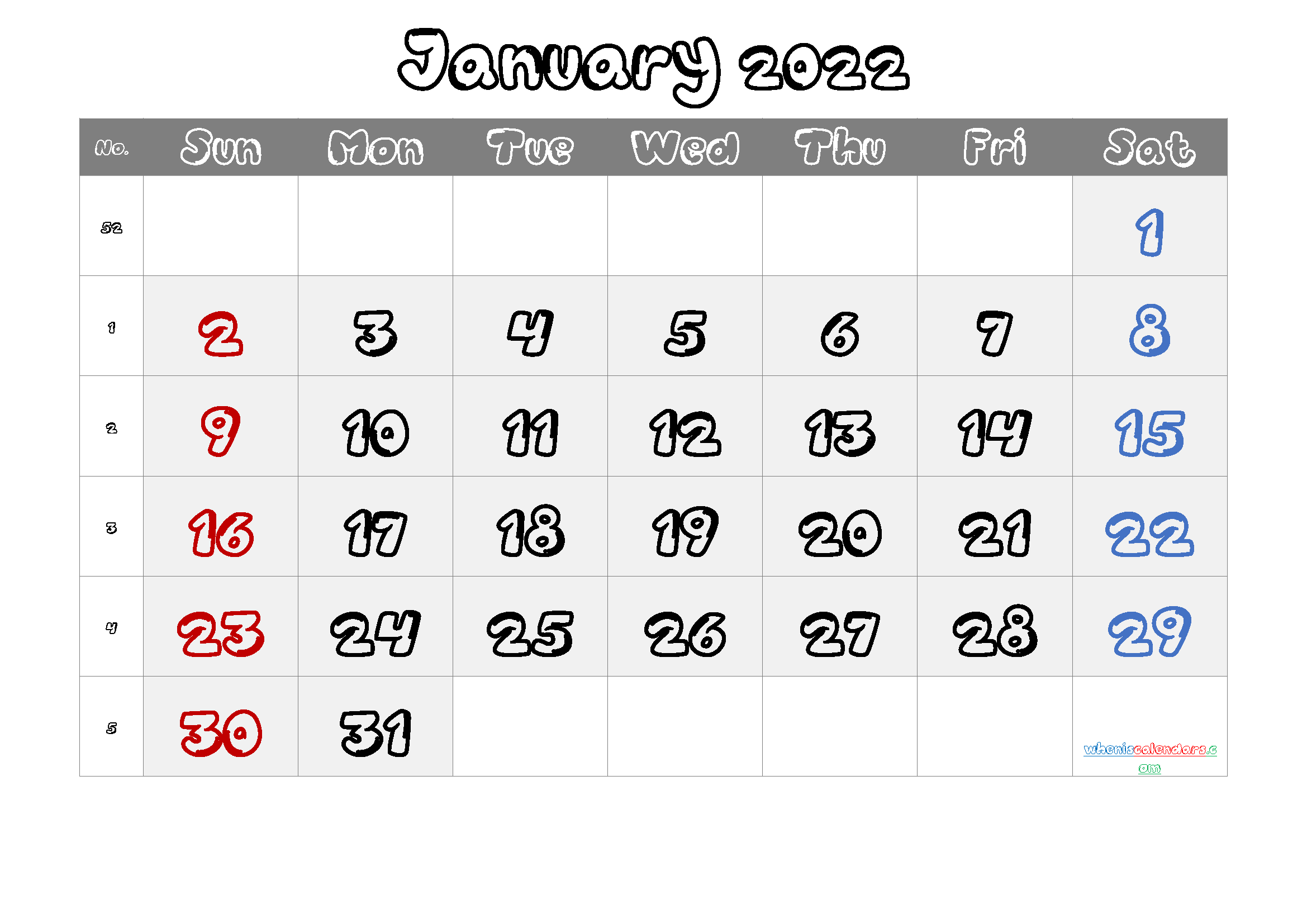 Free January 2022 Printable Calendar