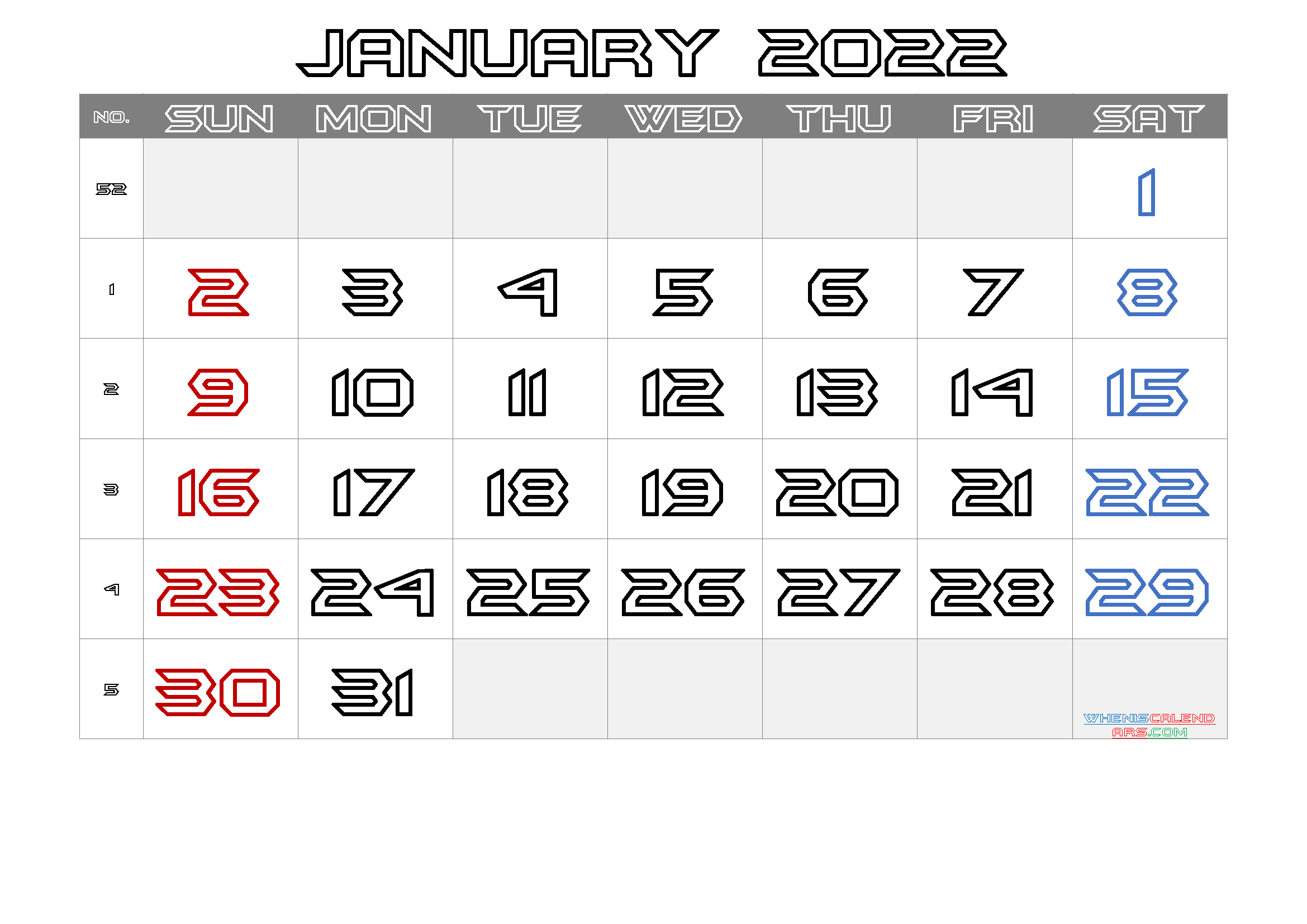 Free January 2022 Calendar with Holidays