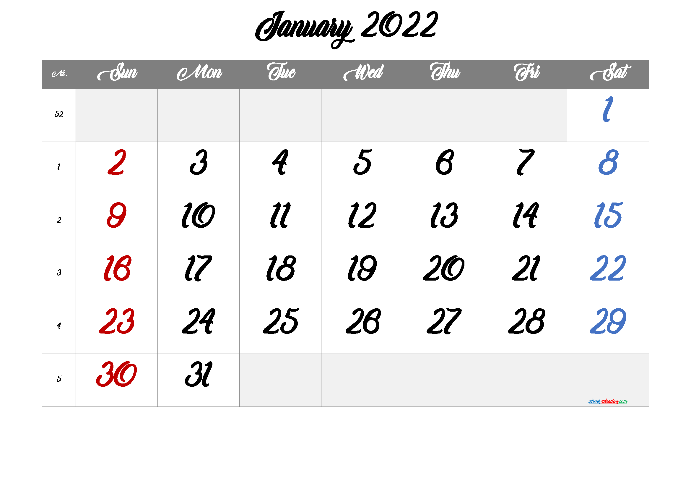Free Printable January Calendar 2022