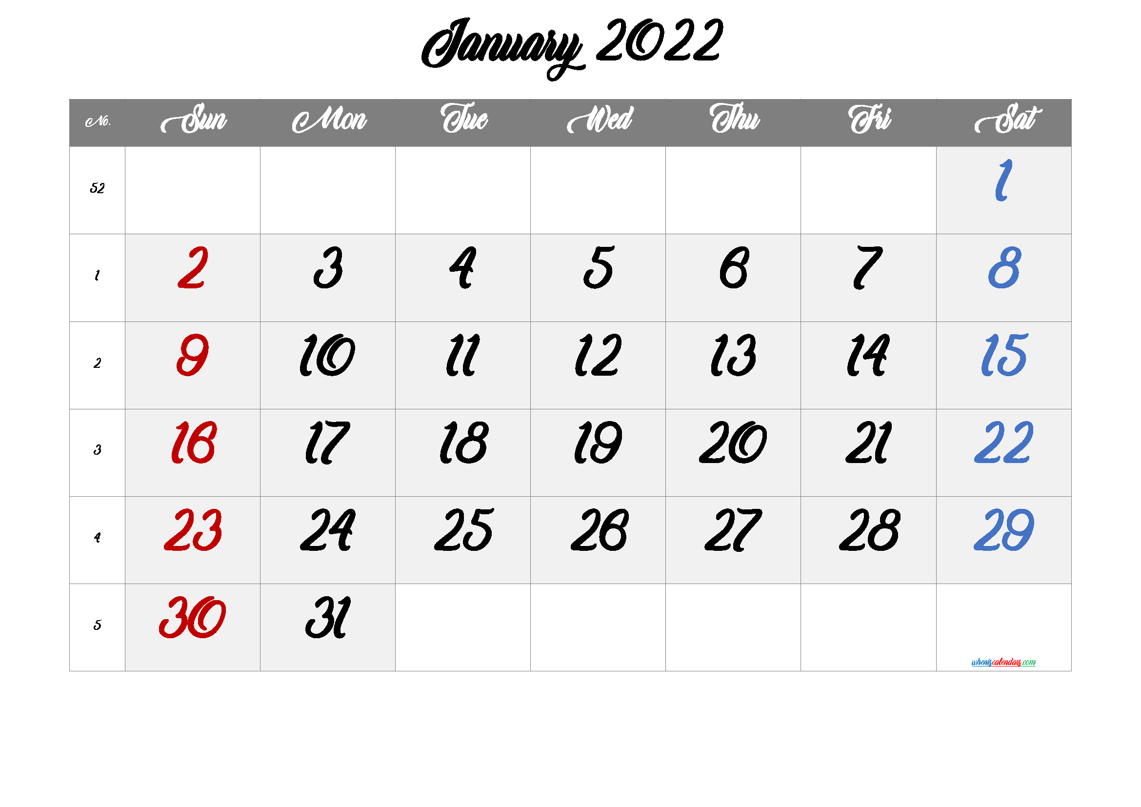 Free Printable Calendar 2022 January