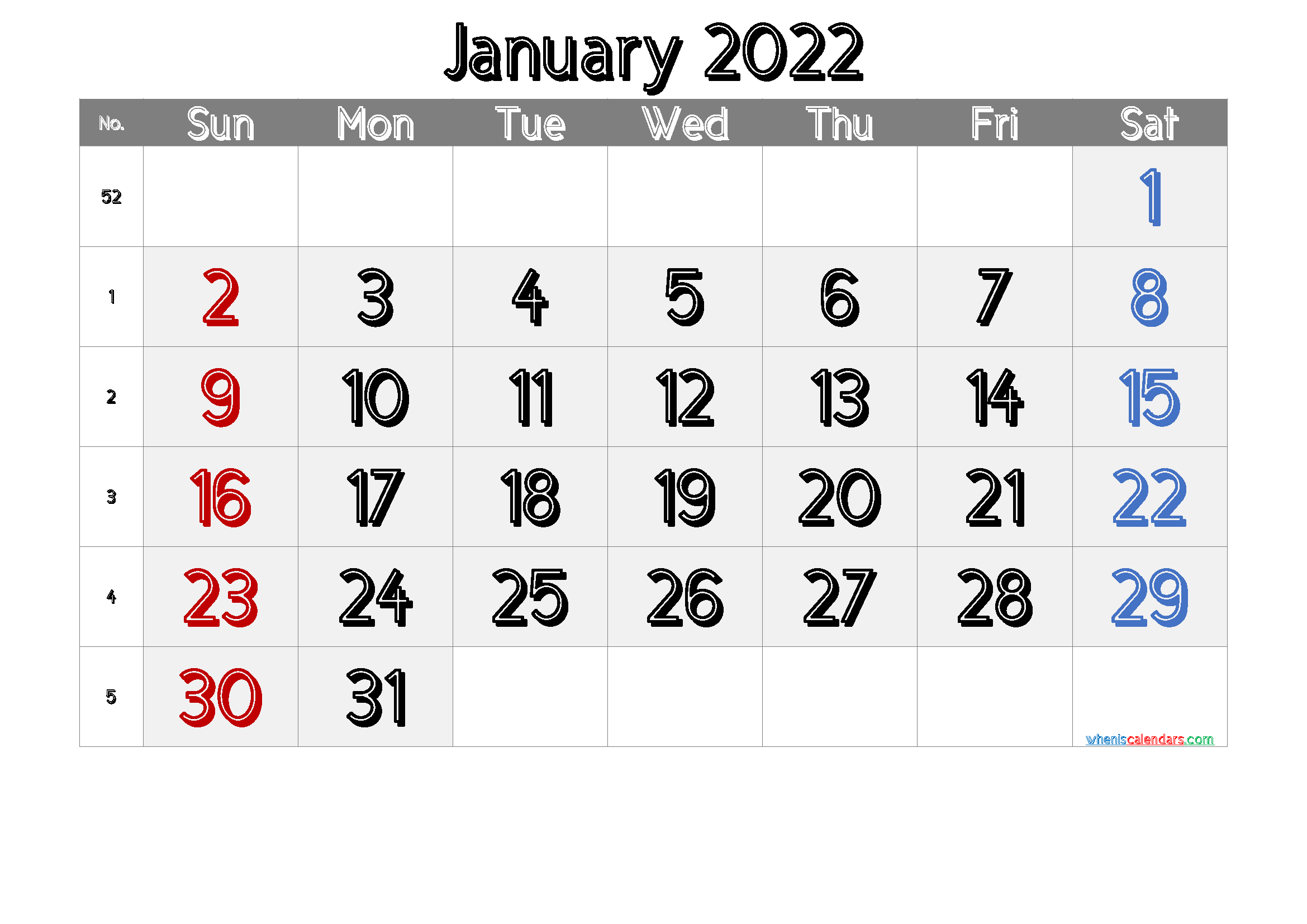 Free Blank Calendar January 2022