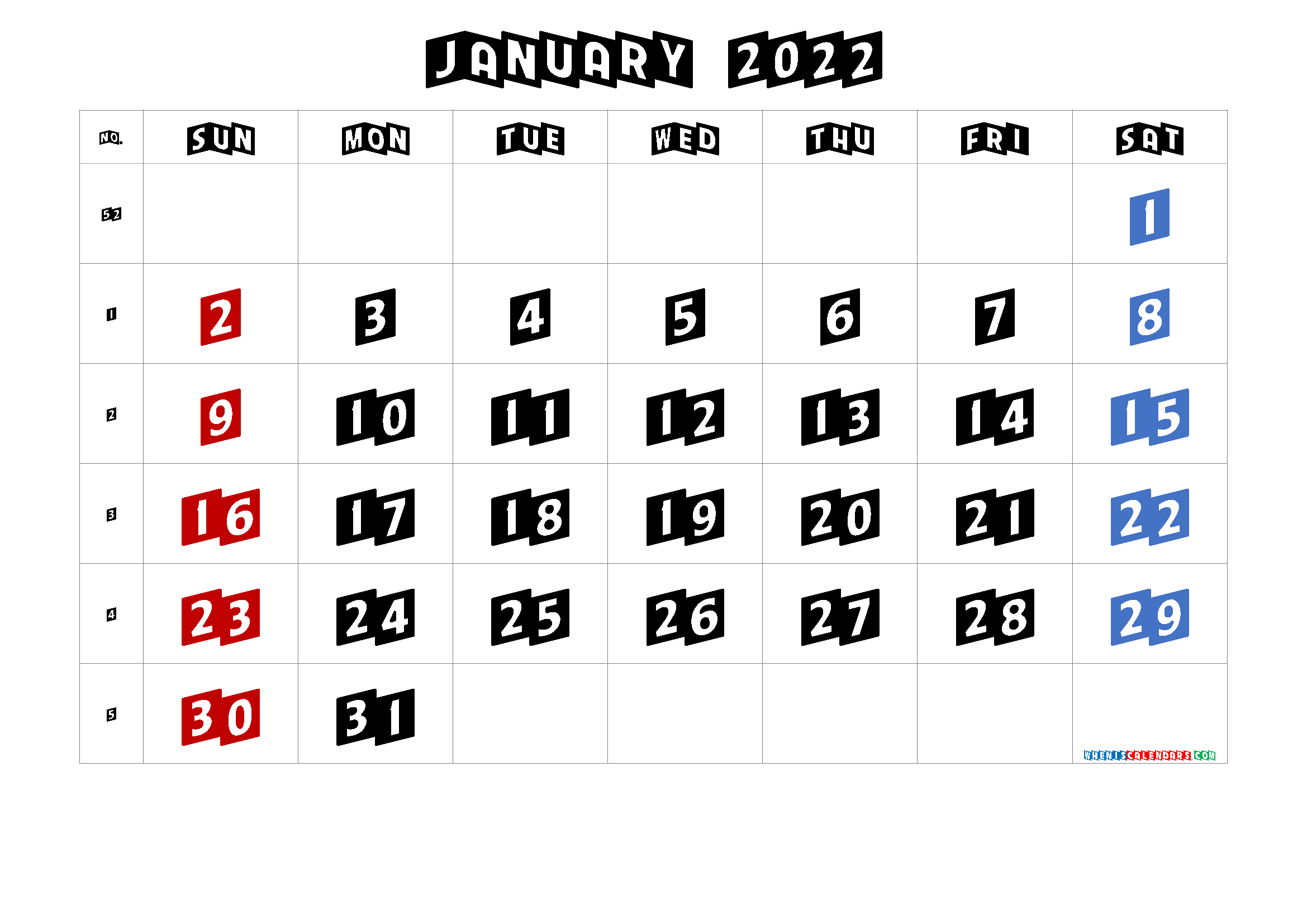 Free January 2022 Calendar Printable