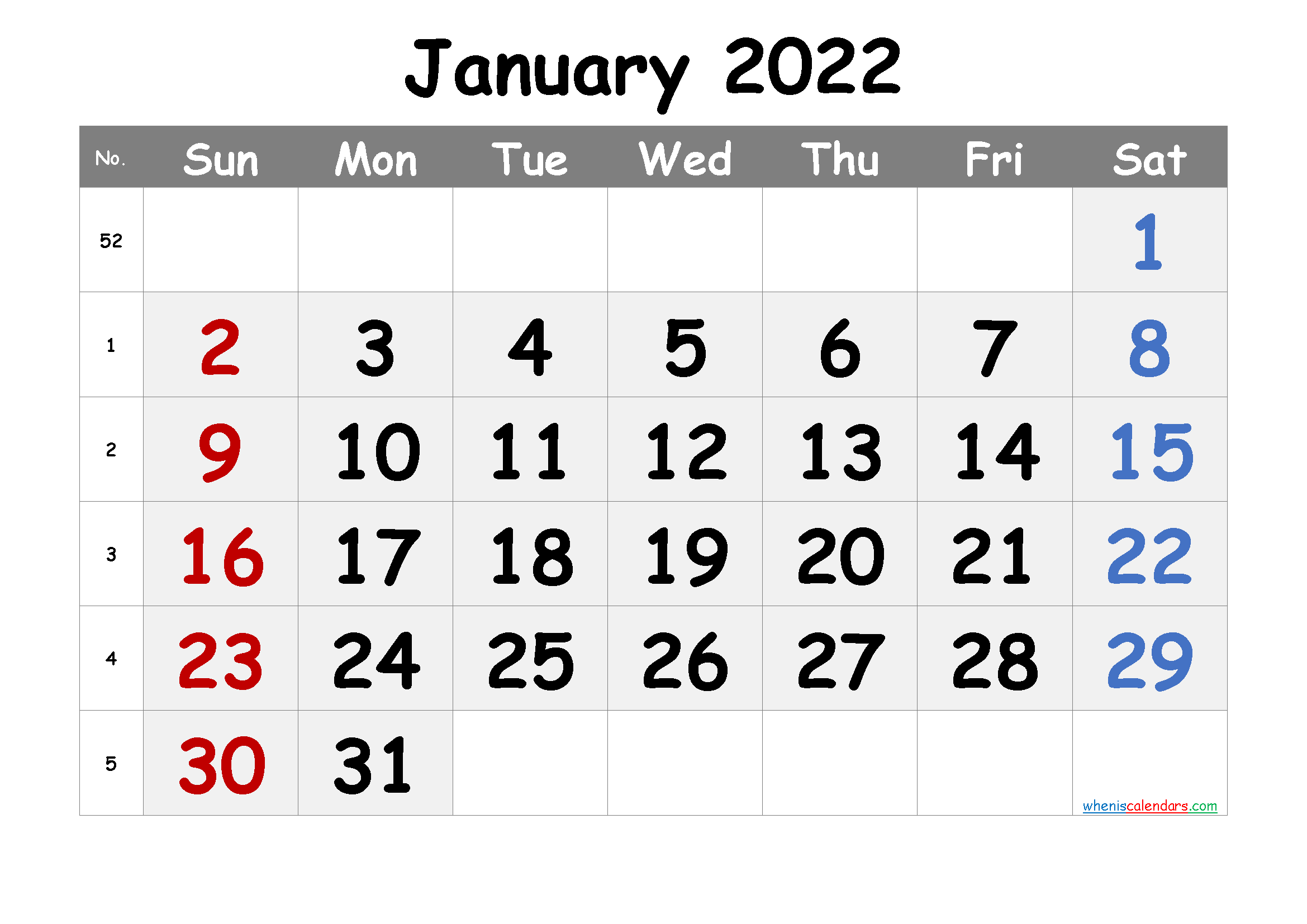 Free Printable January 2022 Calendar