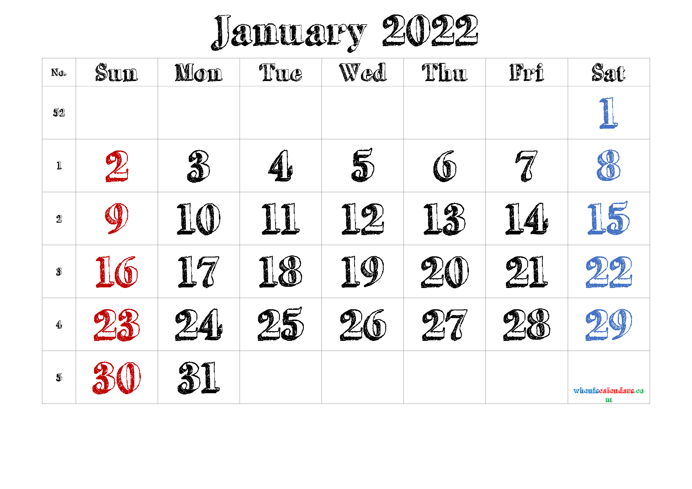 Free January Blank Calendar 2022
