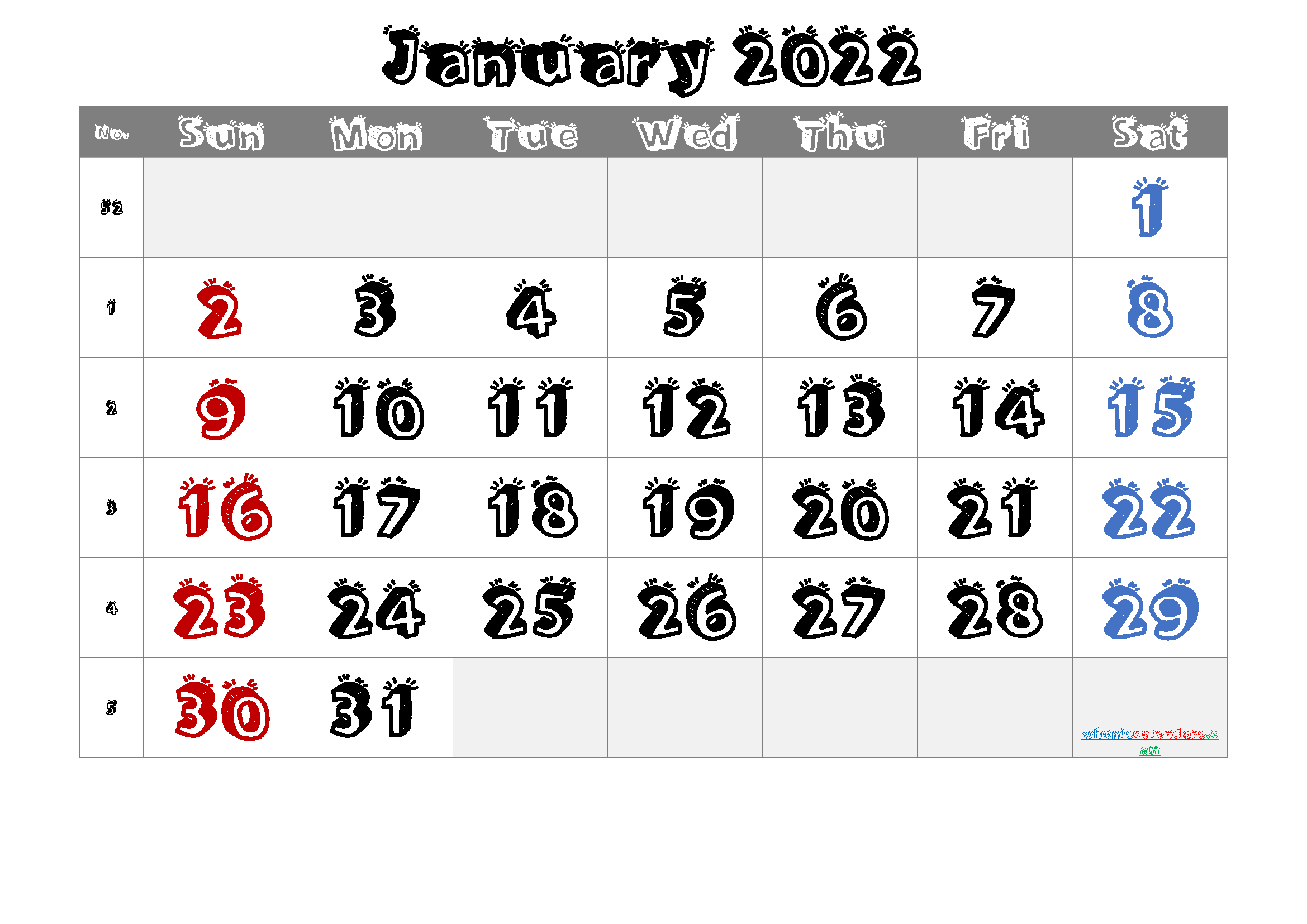 Free Printable 2022 Calendar January