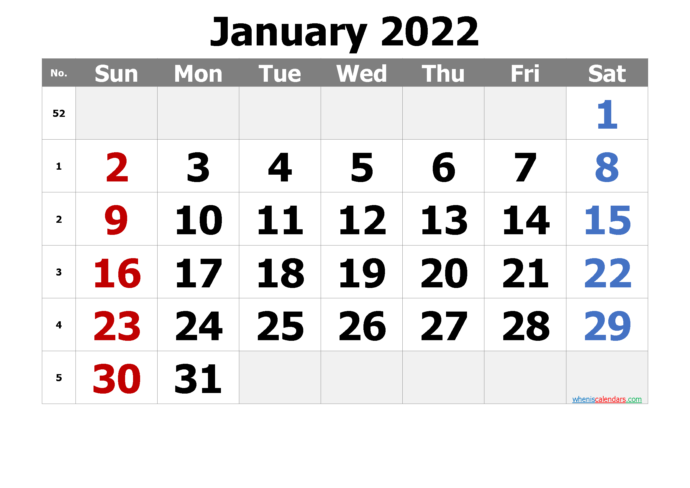 Printable January 2022 Calendar Free
