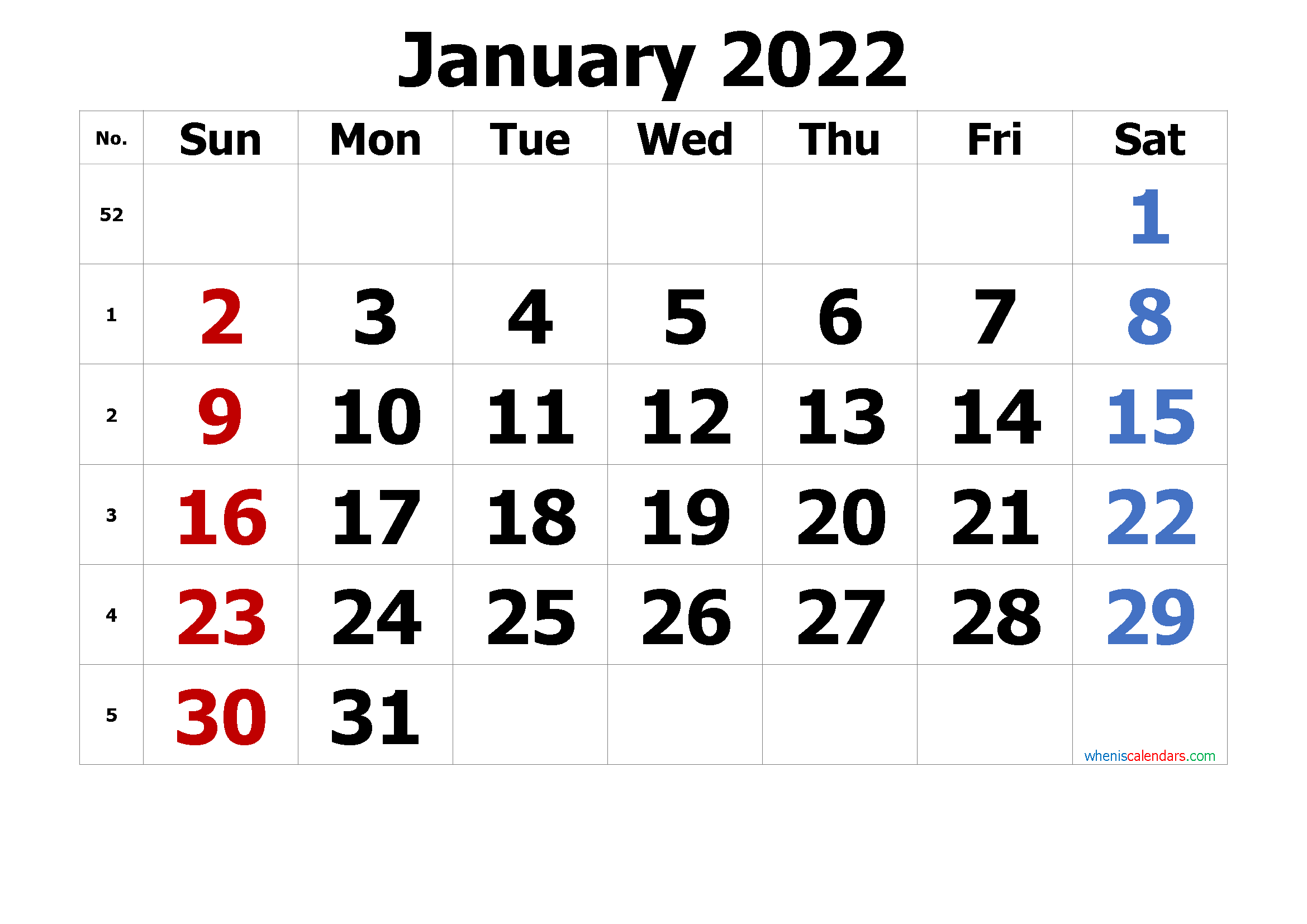 Free Printable January 2022 Calendars