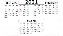 January February March 2021 Calendar Printable