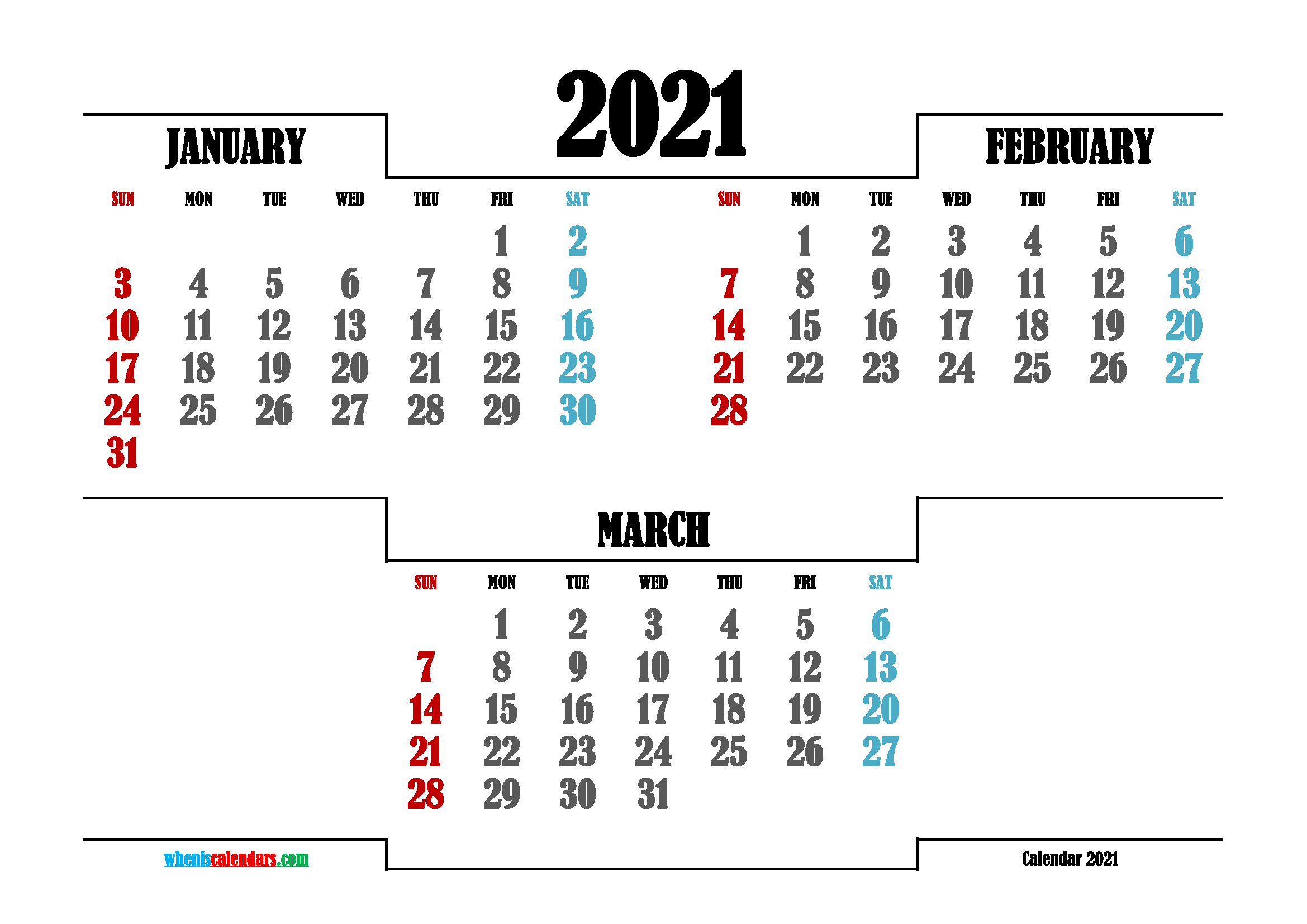 Free January February March 2021 Calendar Printable