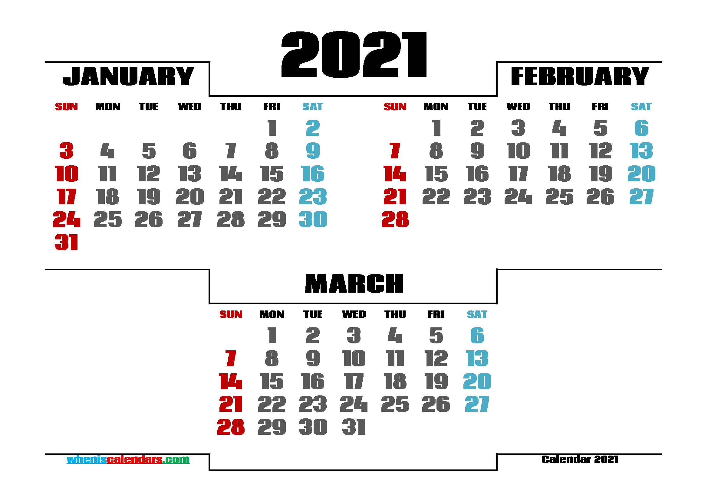 Free January February March 2021 Calendar Printable