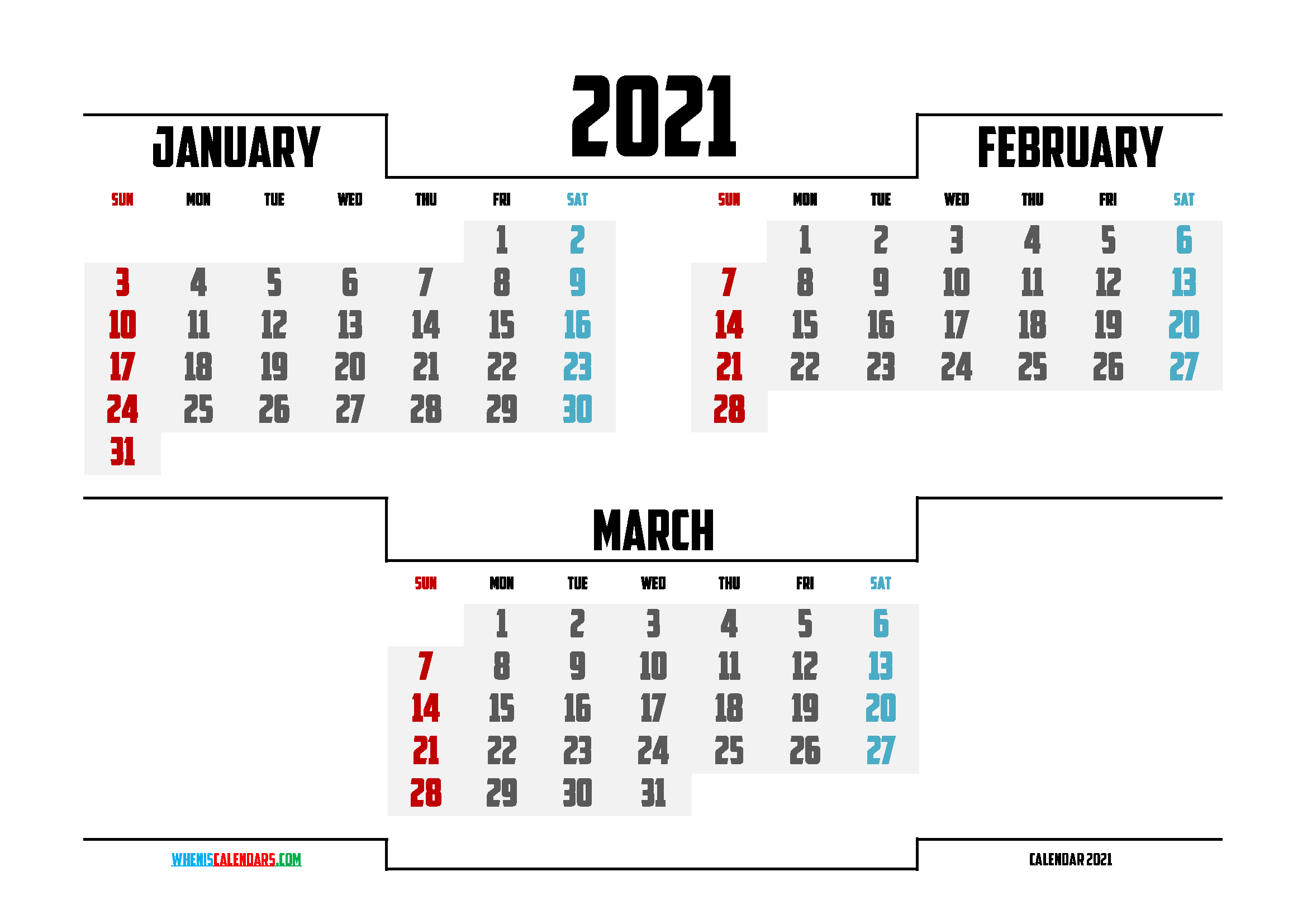 January February March 2021 Calendar Printable