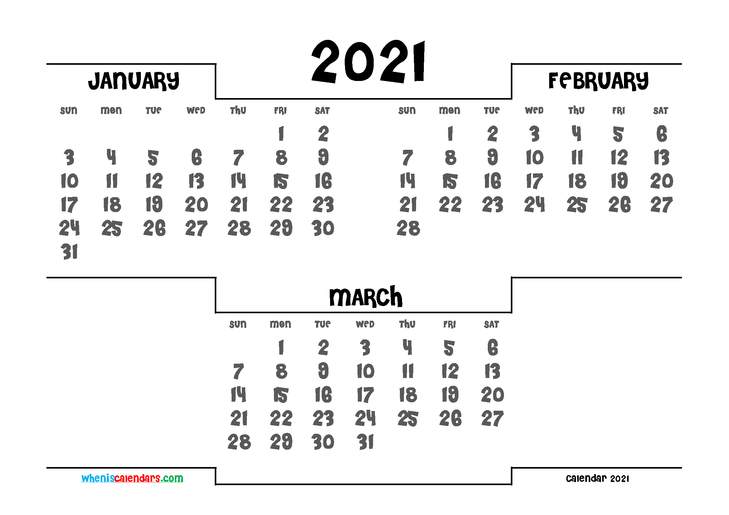 January February March 2021 Printable Calendar