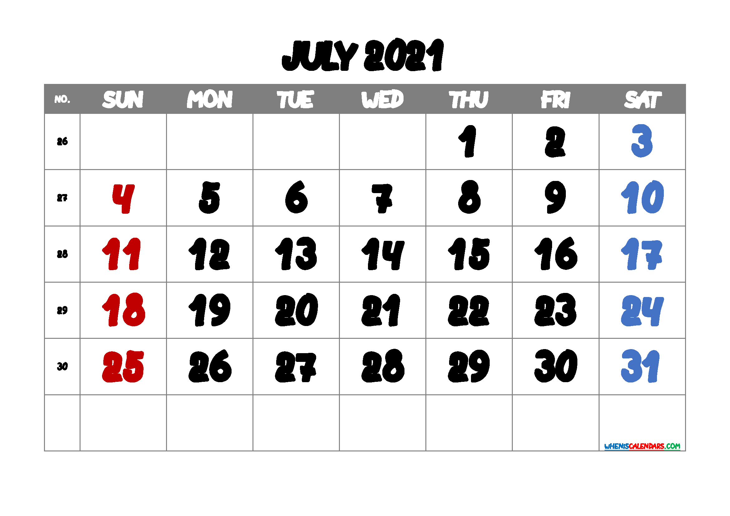 Free Printable July 2021 Calendar