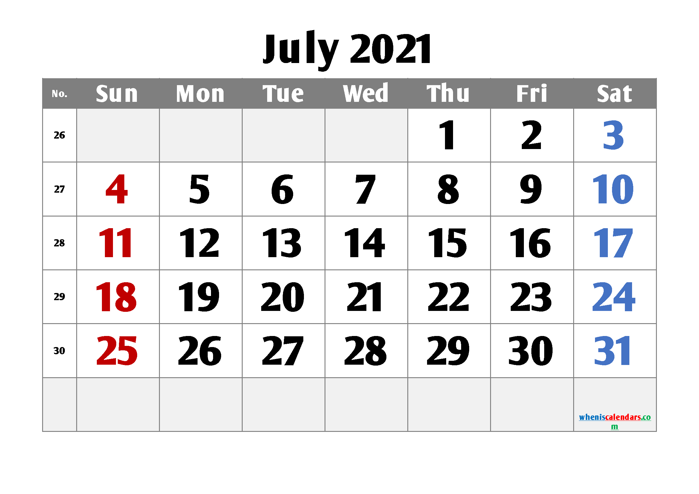 Printable July 2021 Calendar PDF