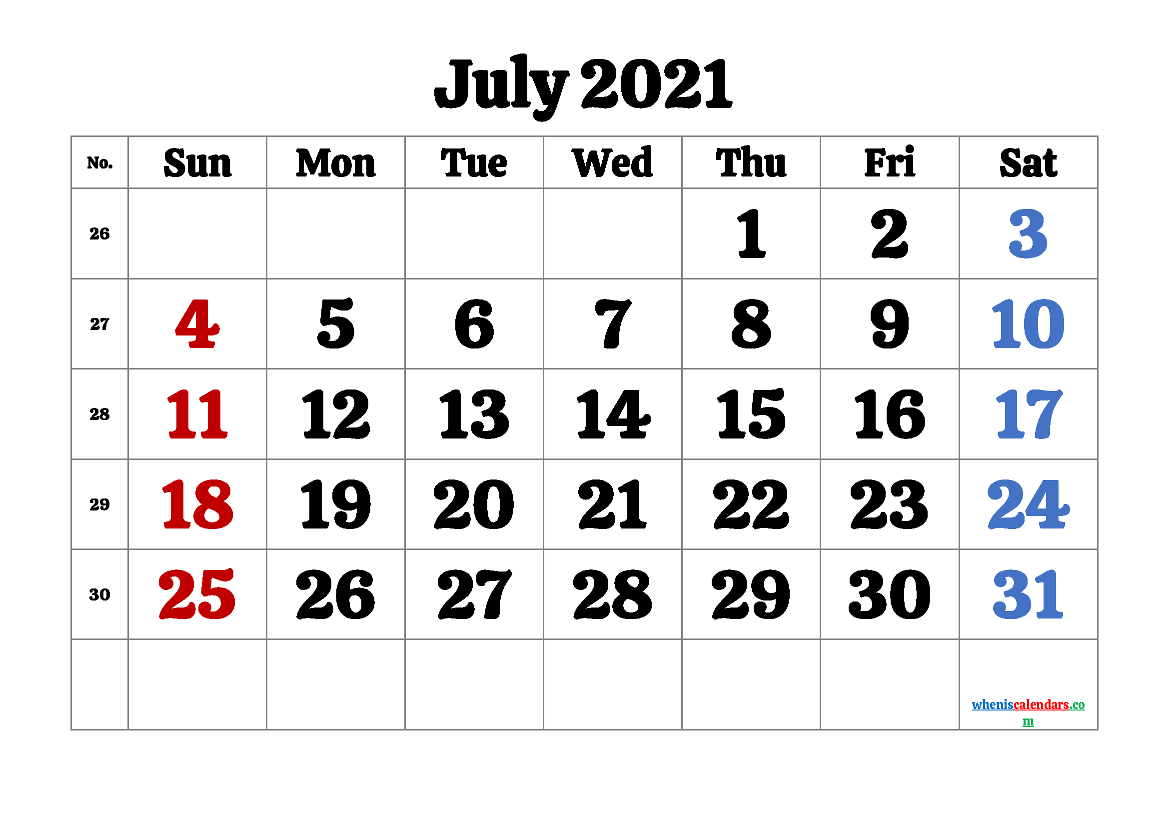 Calendar July 2021 Printable Free