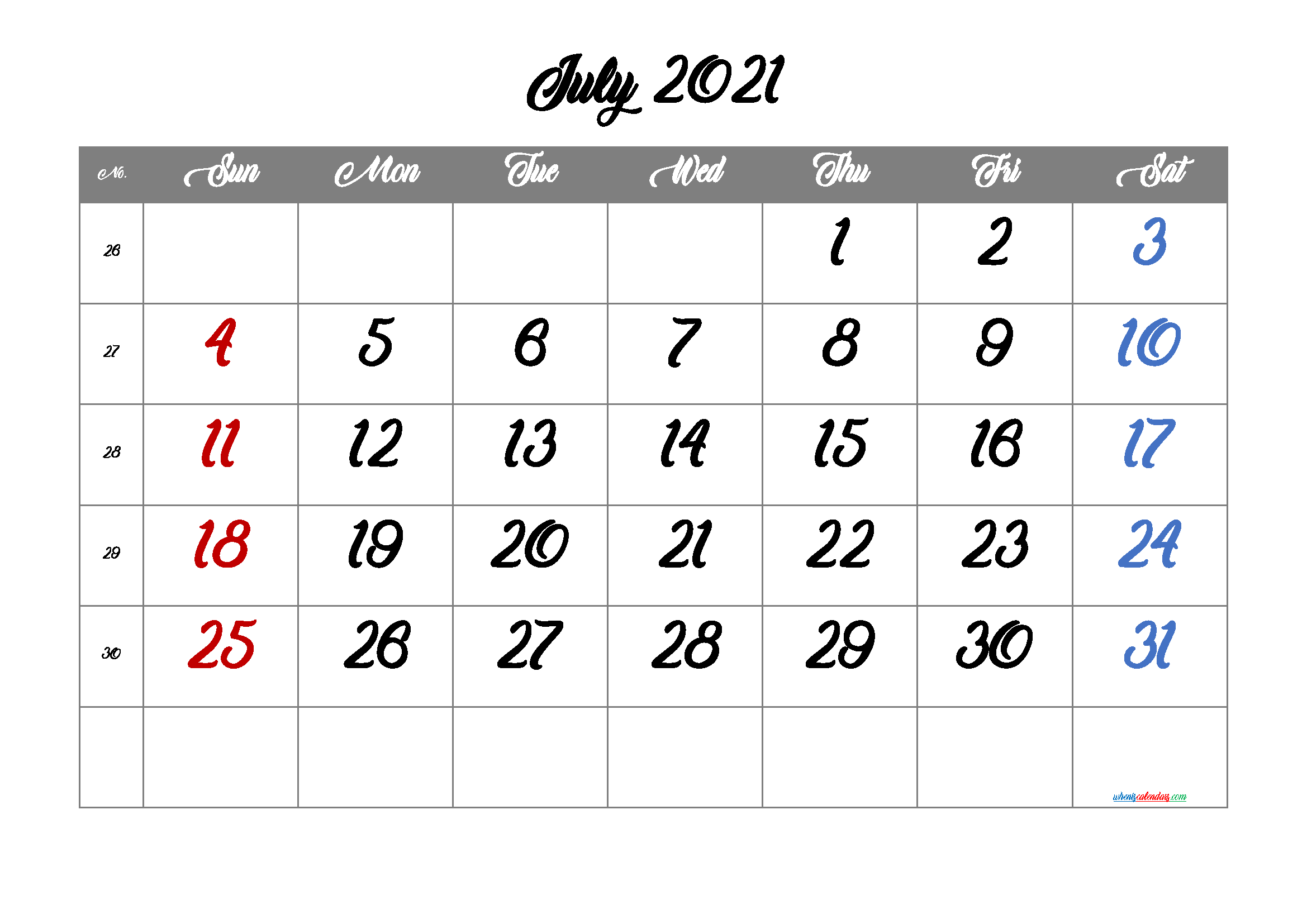 Calendar July 2021 Free Printable