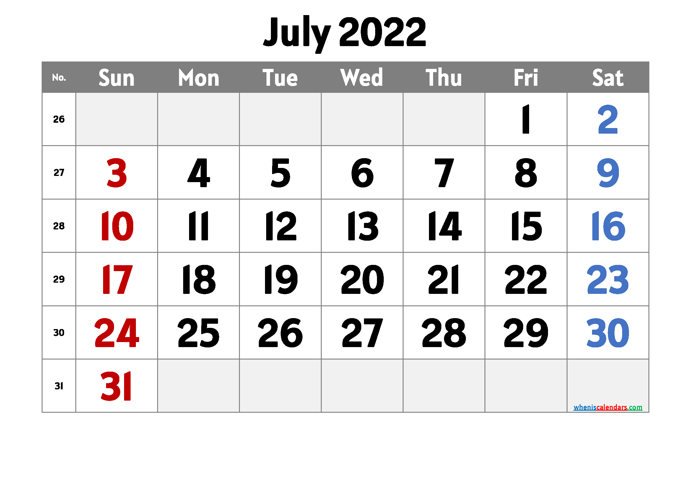 Printable July 2022 Calendar Free