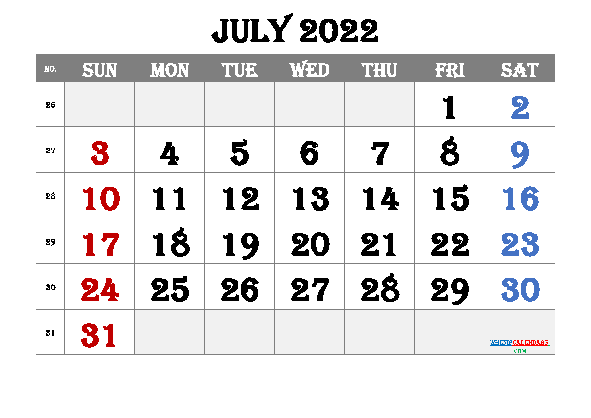 Free Printable July Calendar 2022