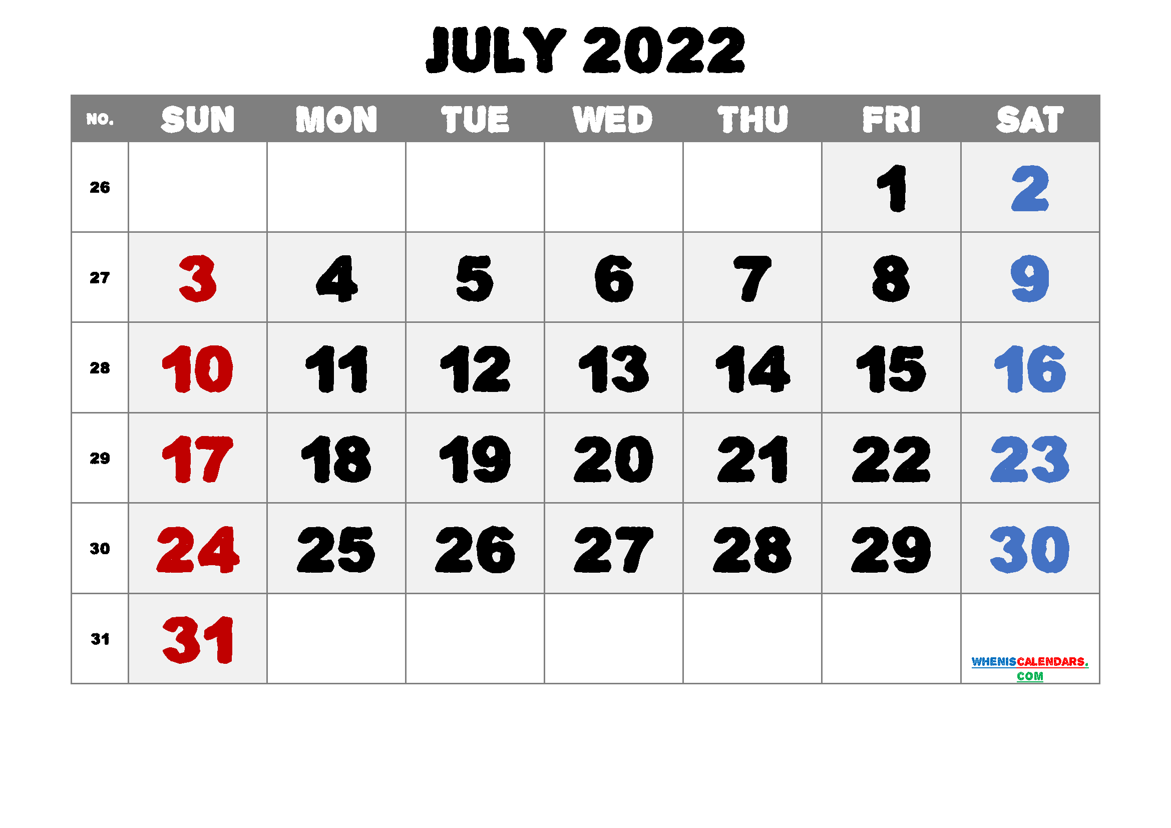 Free July 2022 Printable Calendar