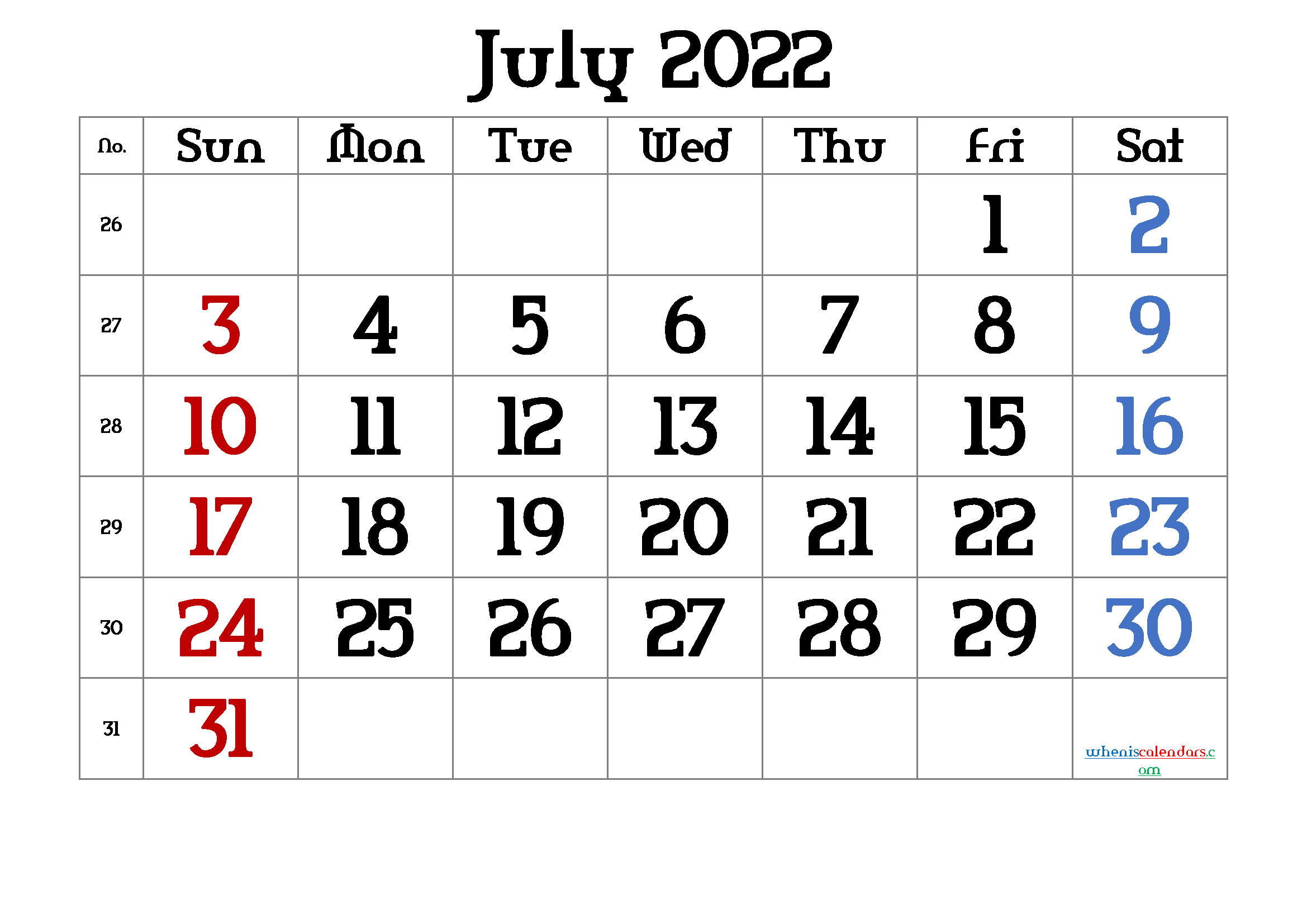Free July 2022 Calendar Template