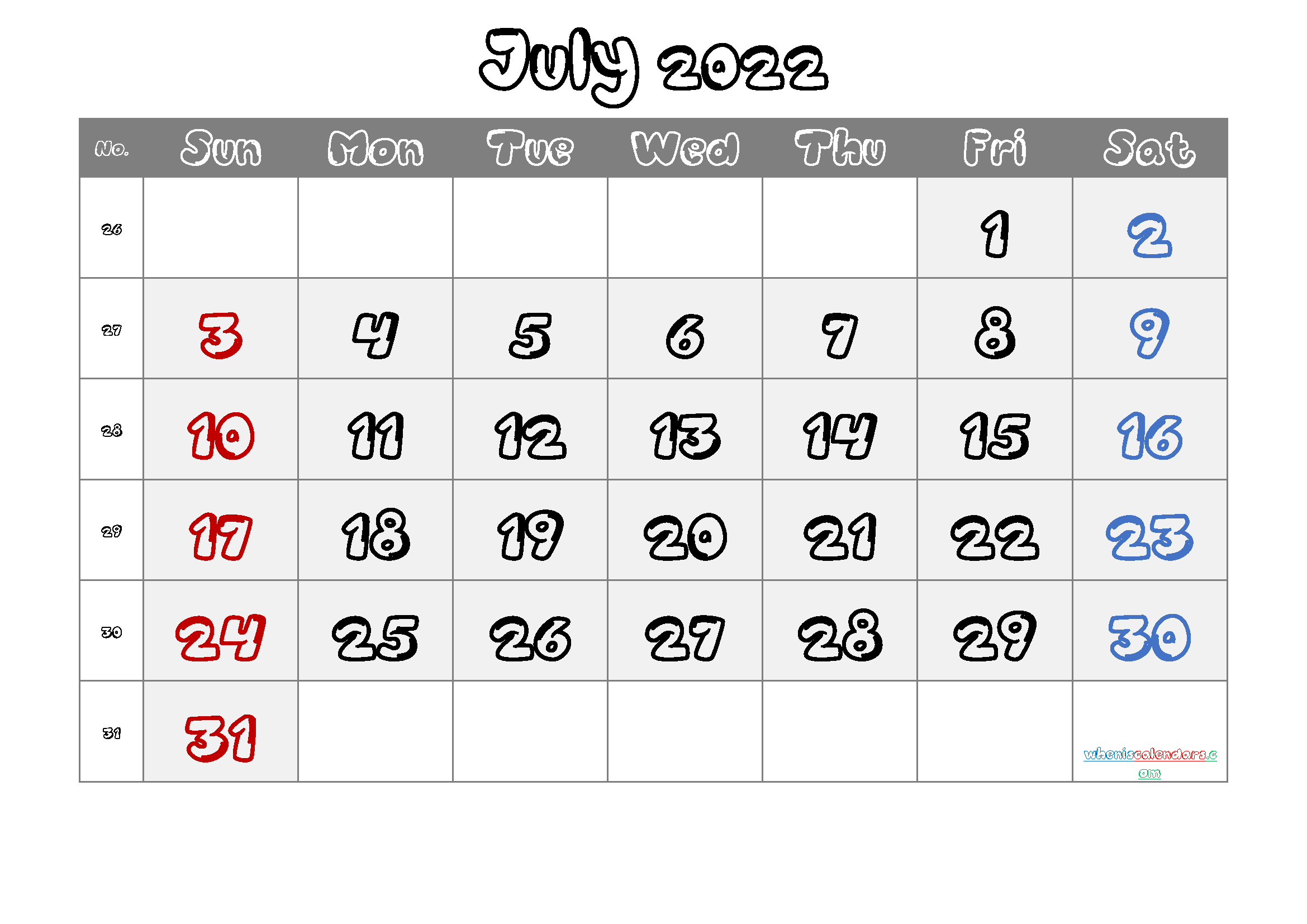 Free July 2022 Calendar Printable Cute