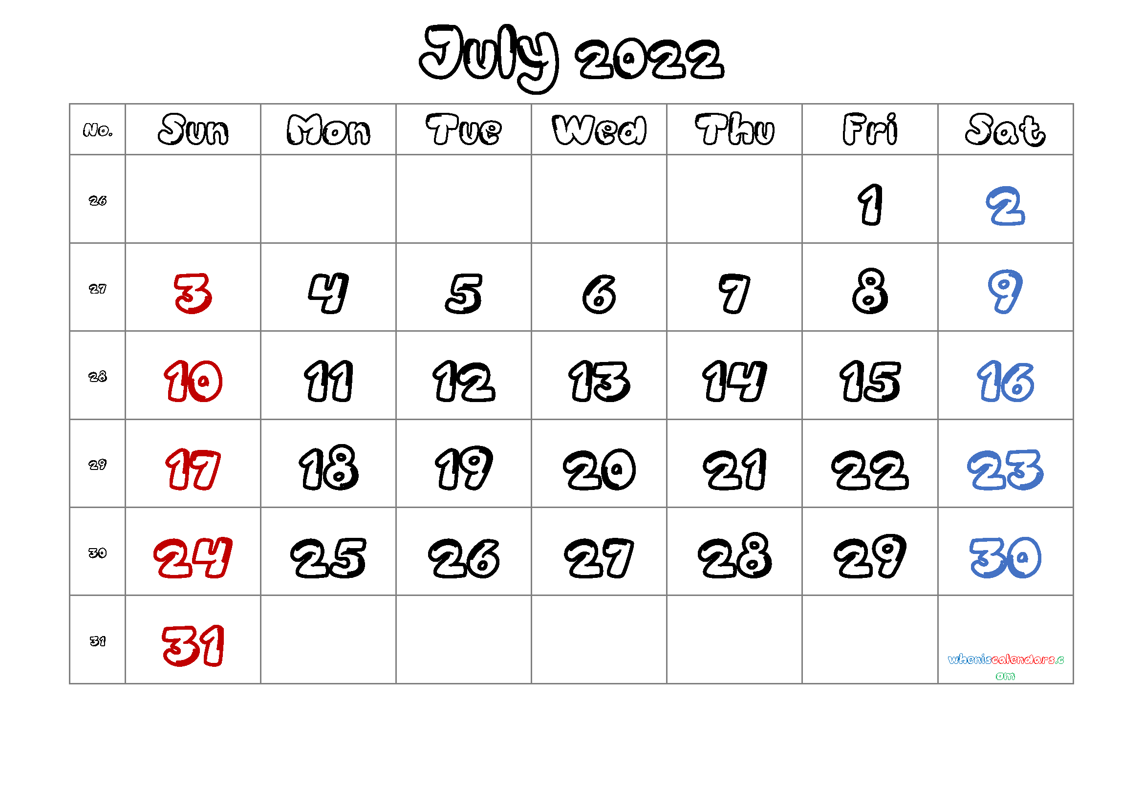 Free July Blank Calendar 2022