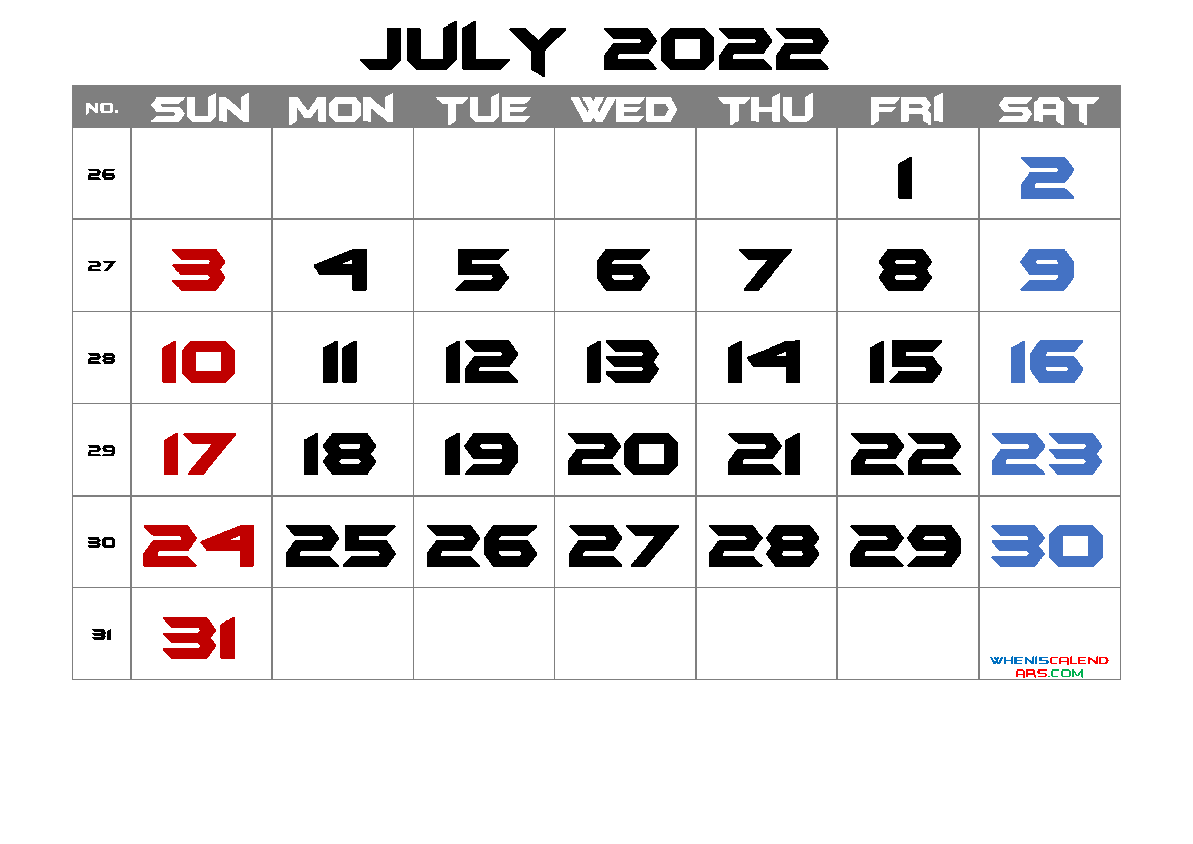 Free Blank Calendar July 2022