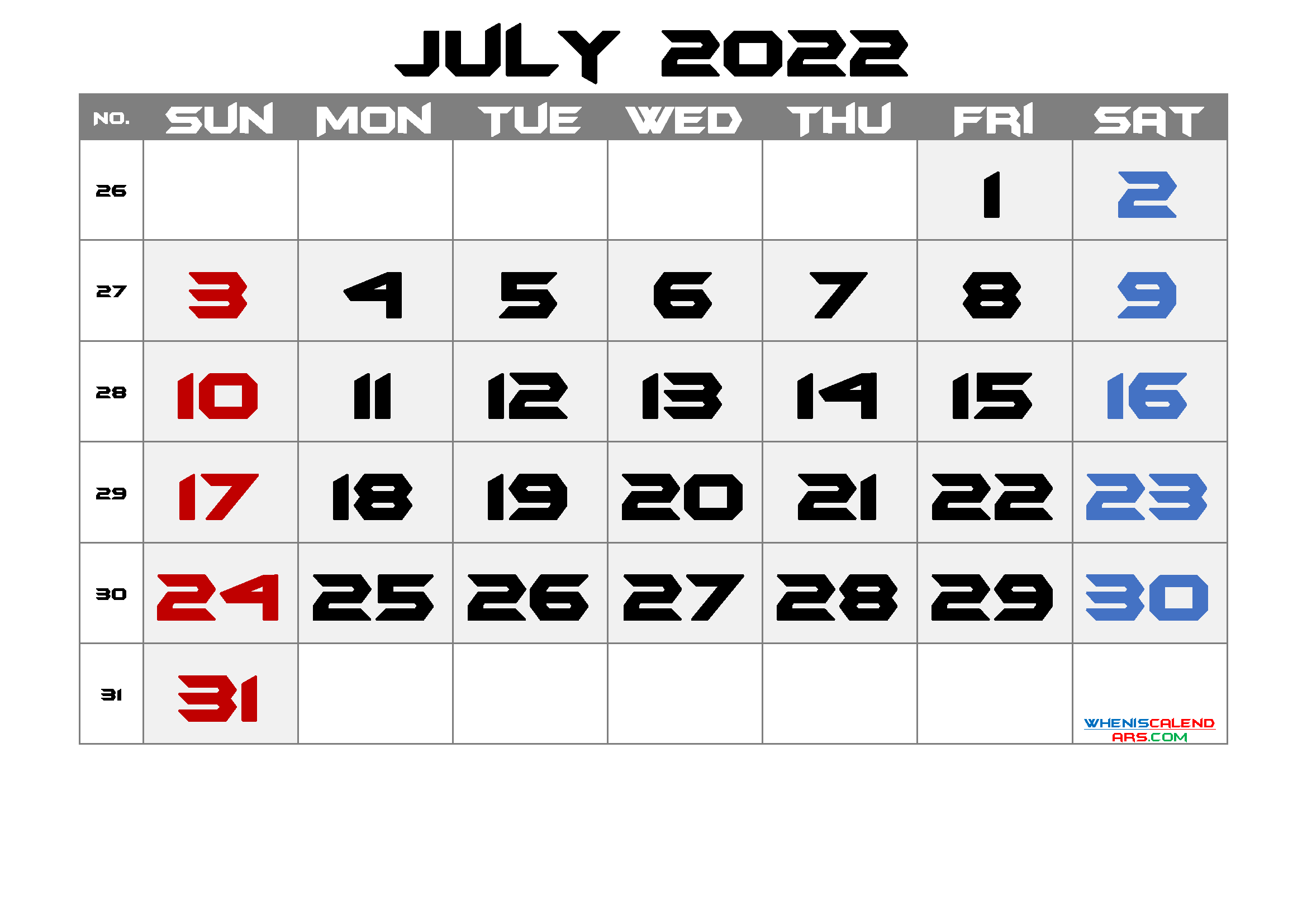 Free July 2022 Calendar PDF