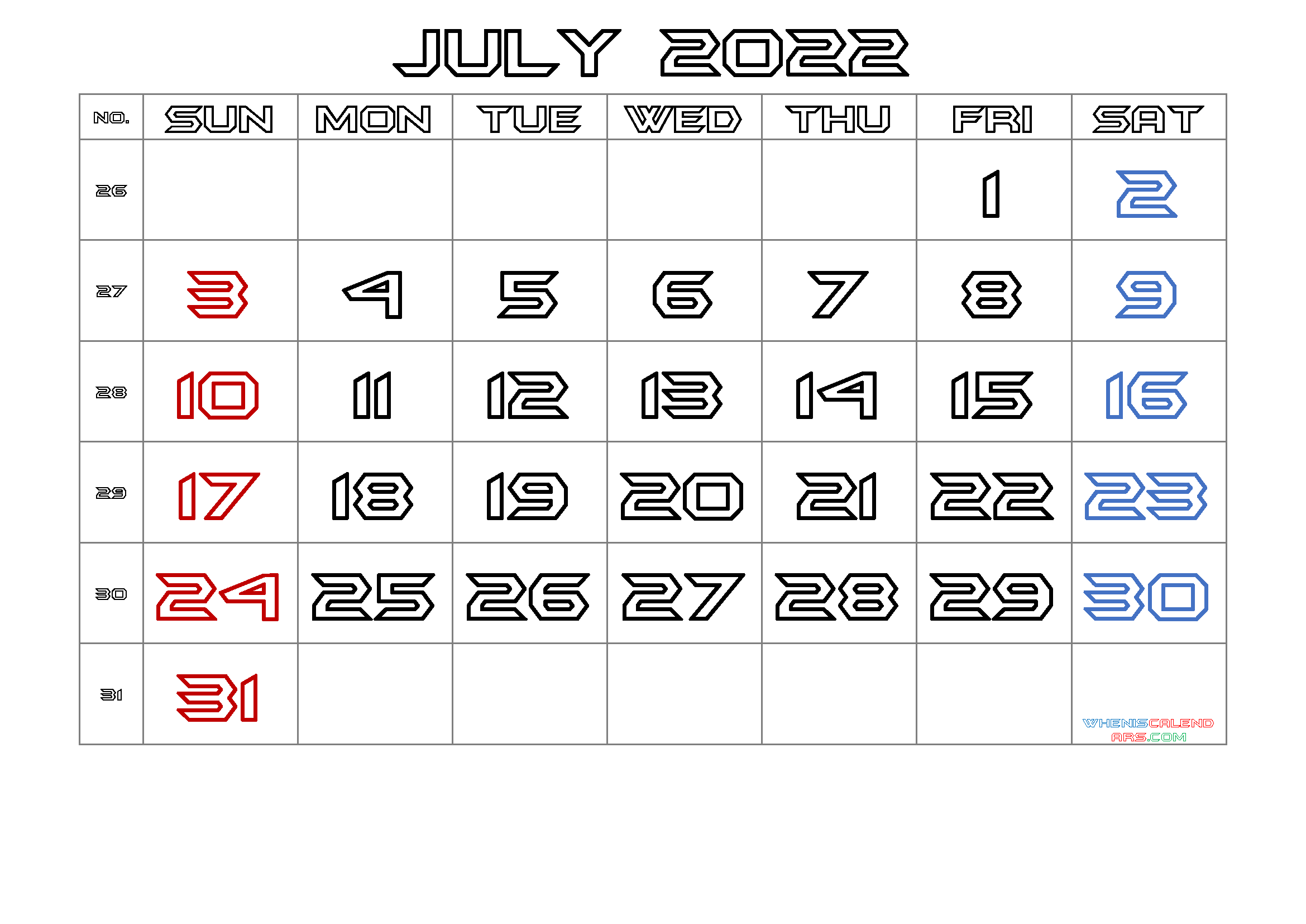 Free Printable July 2022 Calendars