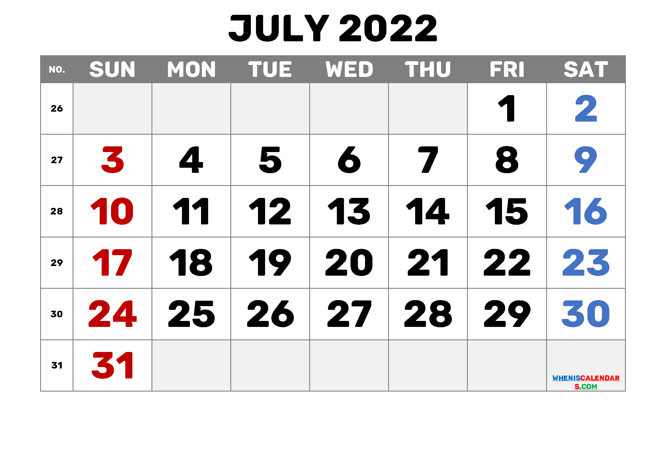 Free July 2022 Calendar Cute