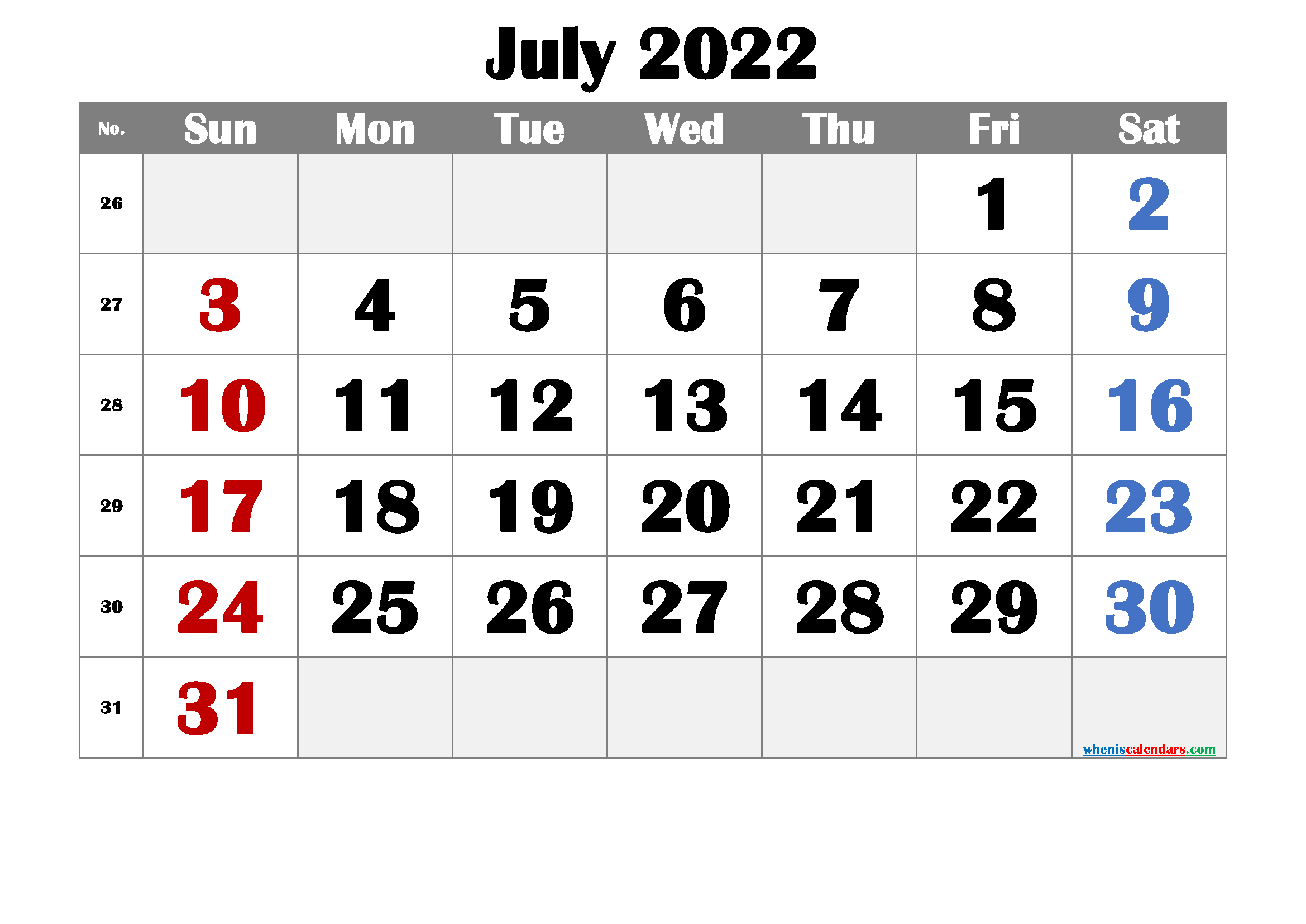 Free Printable July Calendar 2022