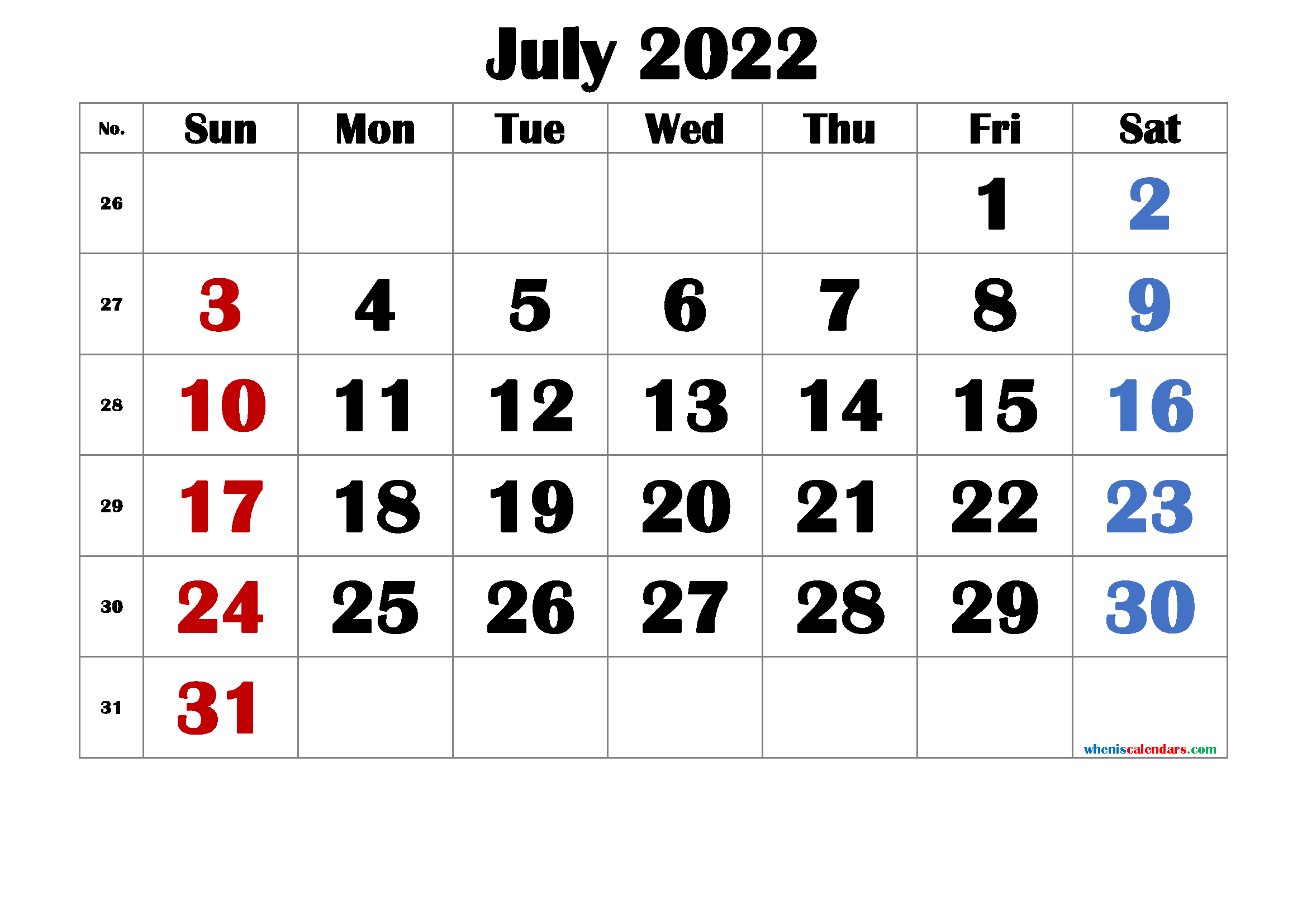 Free Cute July 2022 Calendar