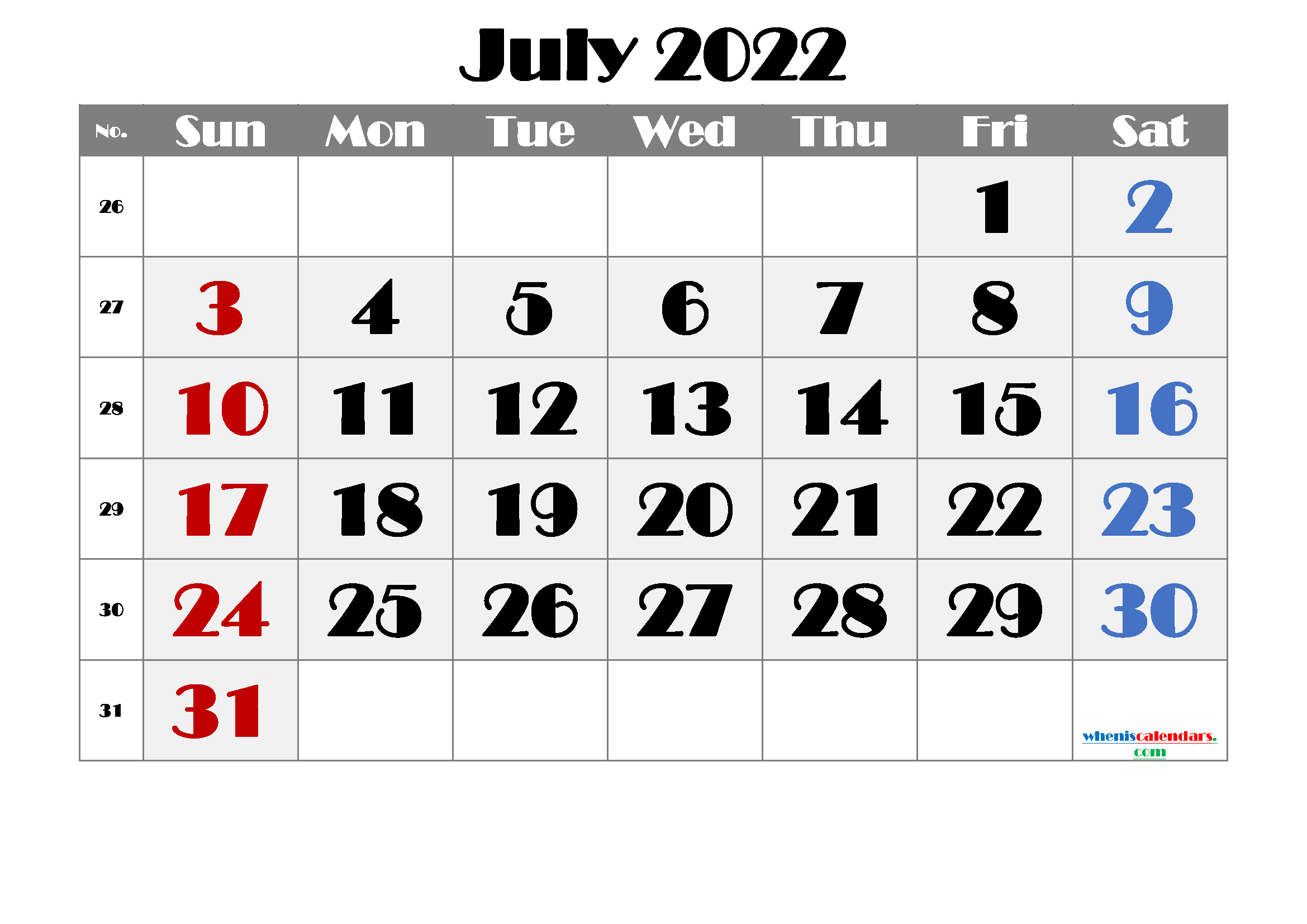 Free Blank Calendar July 2022