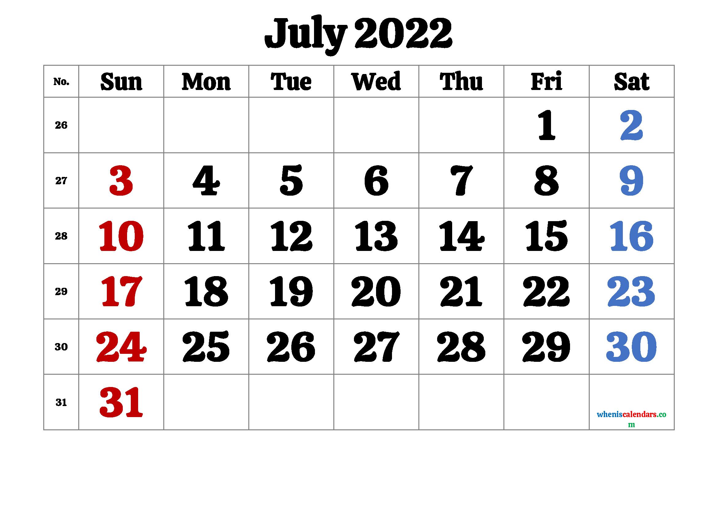 Free July 2022 Calendar Printable