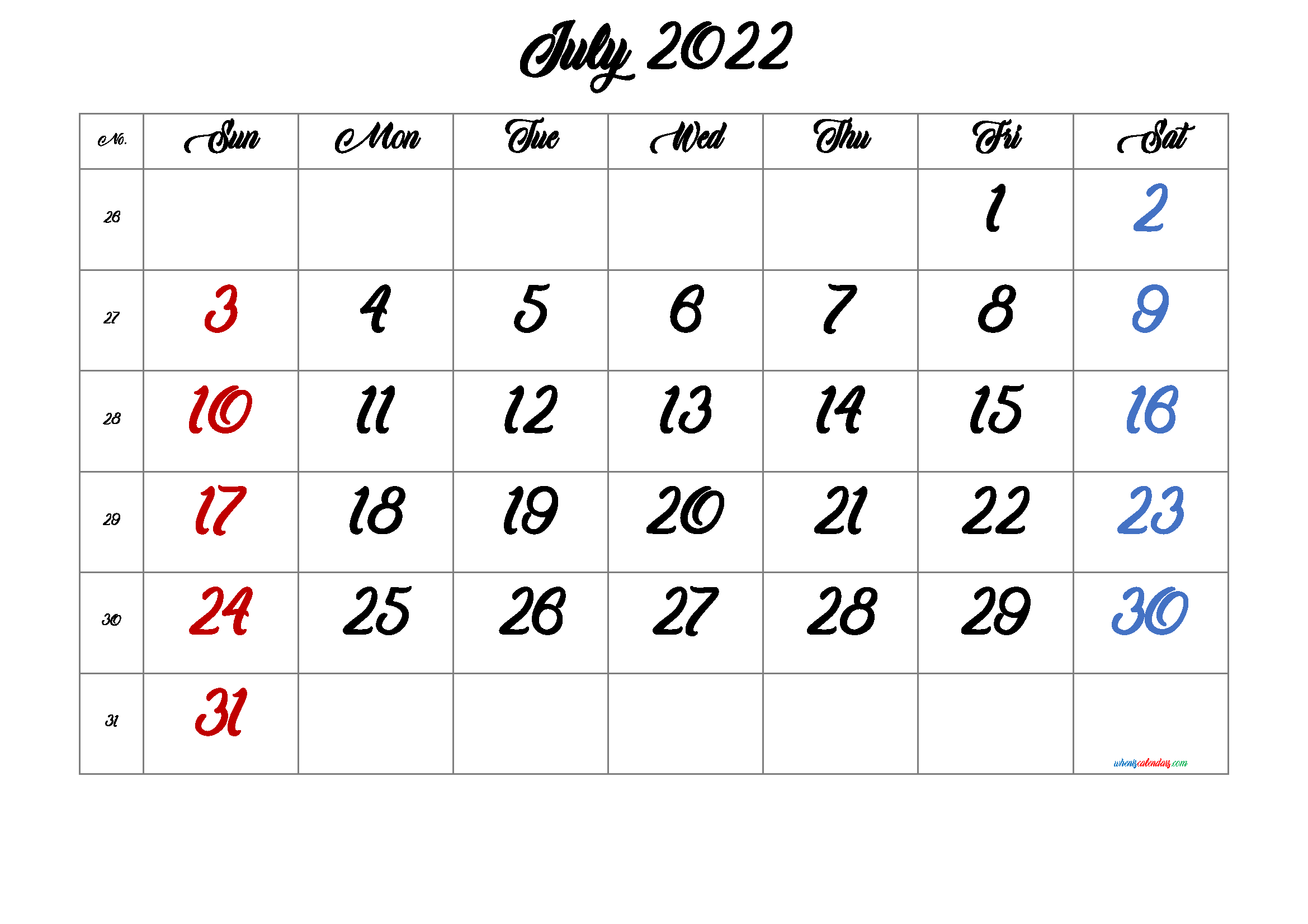 Free July 2022 Calendar Cute
