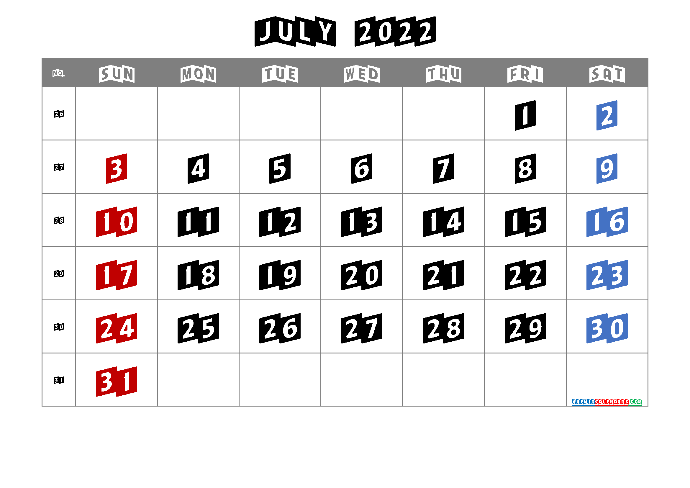 Free Printable Calendar 2022 July