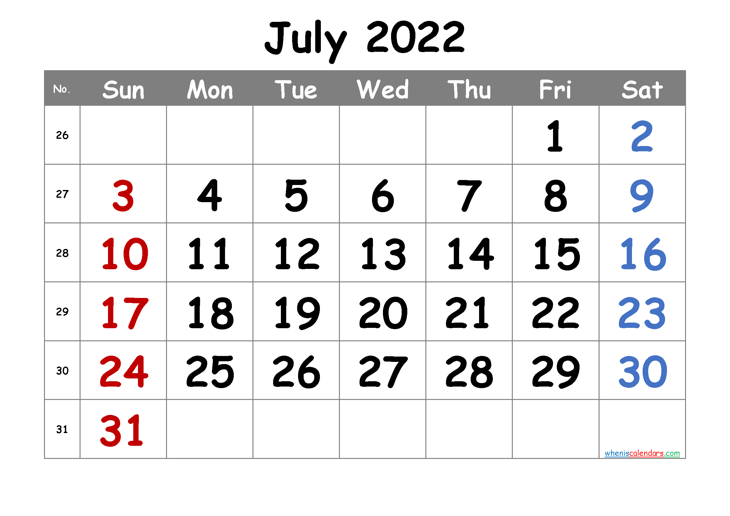 Free July 2022 Printable Calendar