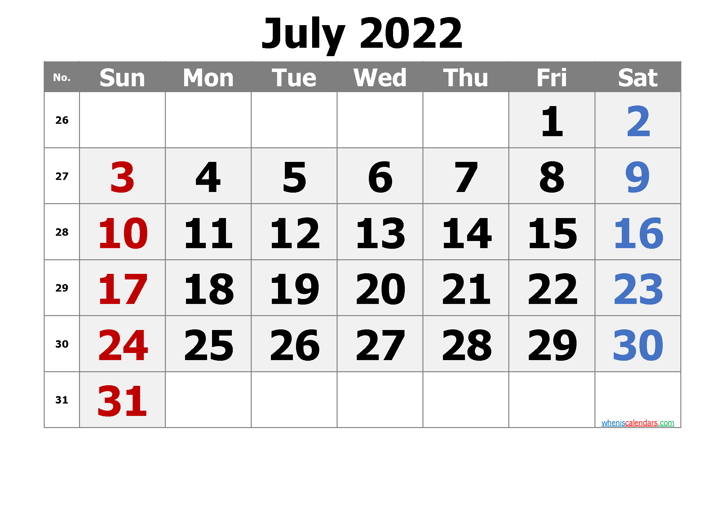 Free Printable 2022 Calendar July