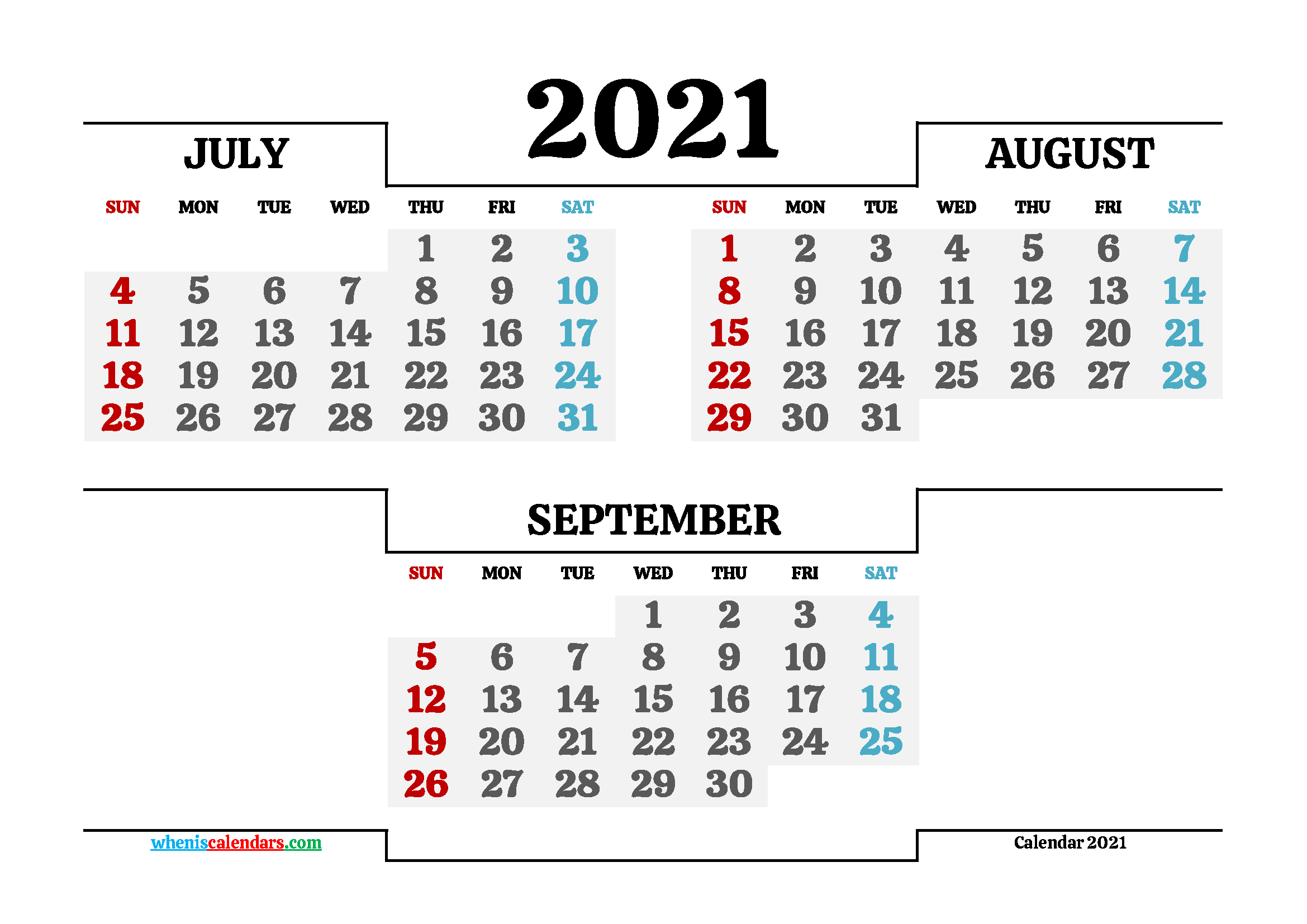 Calendar July August September 2021 Printable