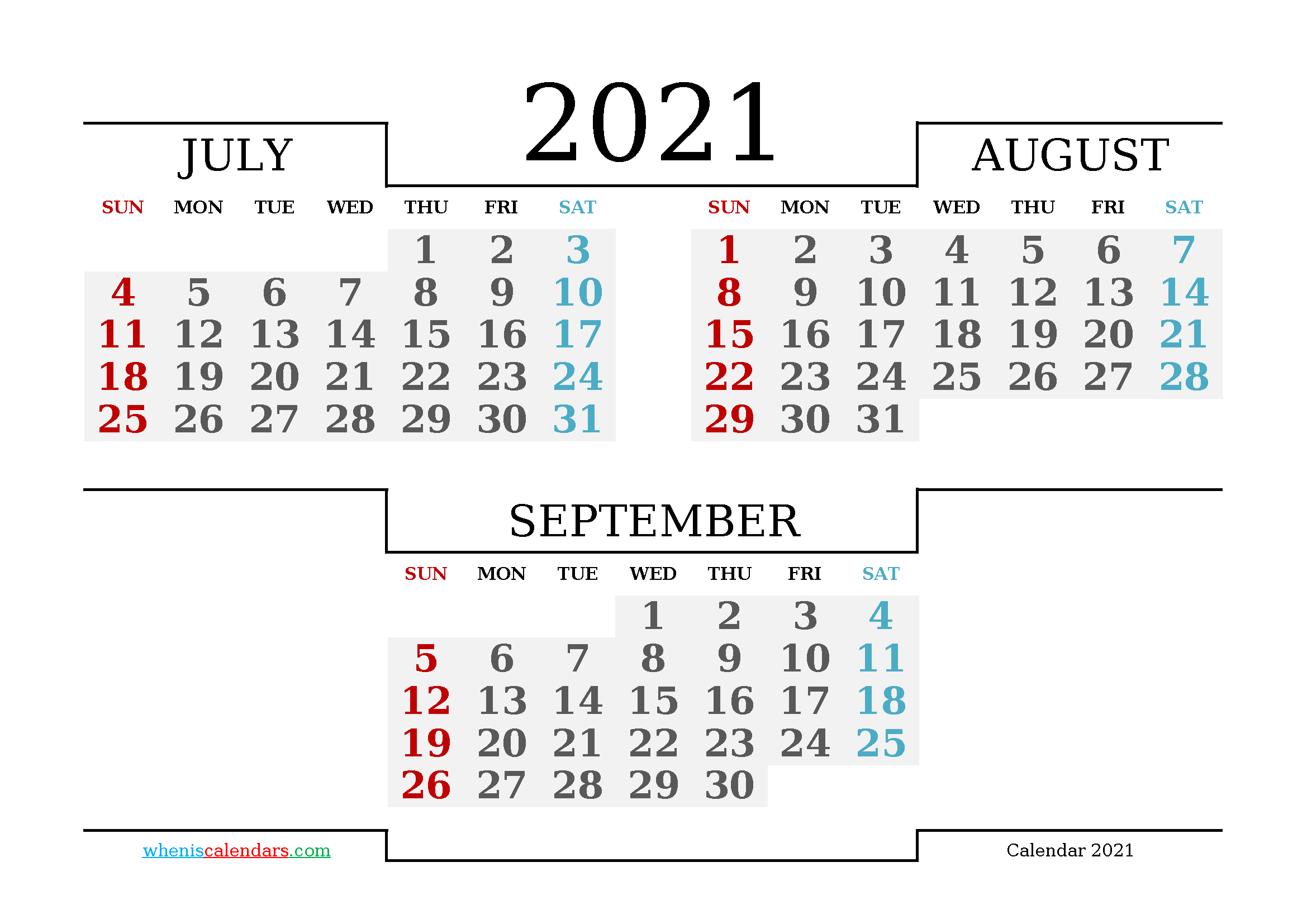 Printable July August September 2021 Calendar