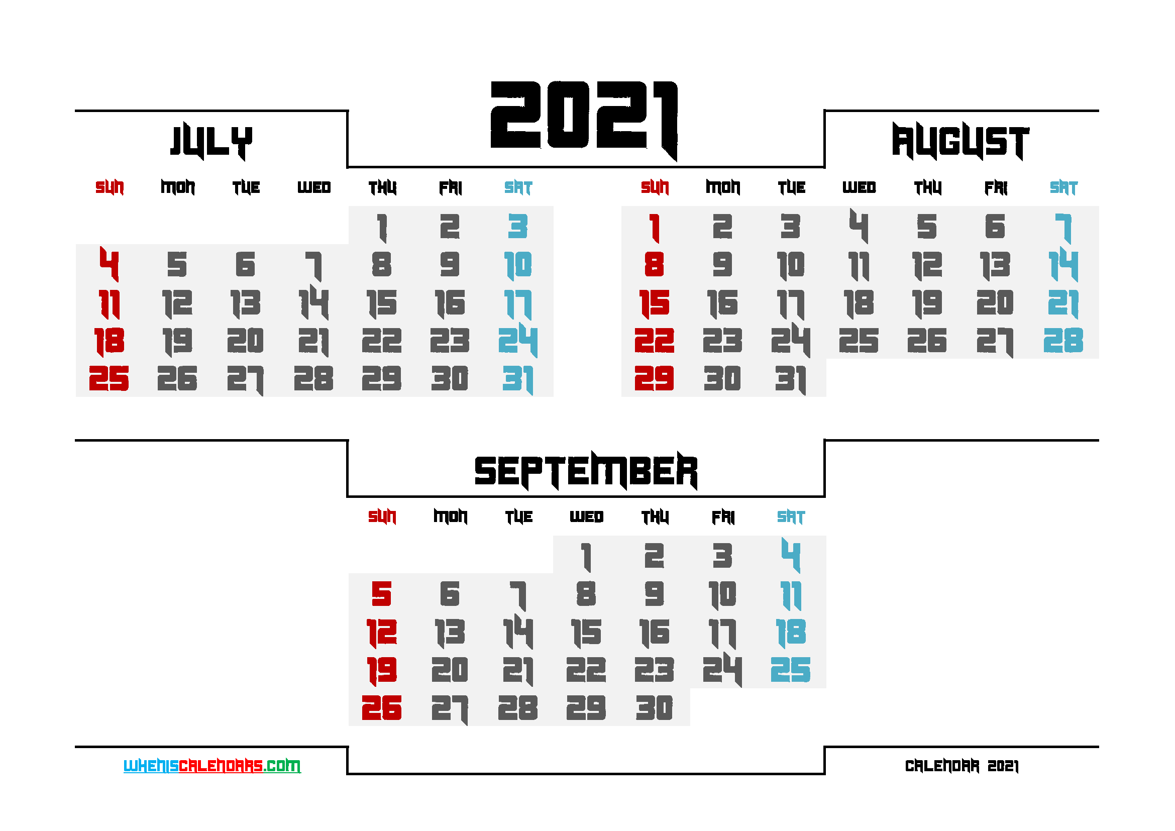July August September 2021 Printable Calendar Free