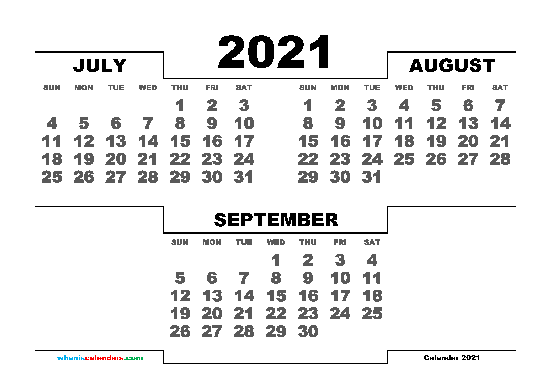 July August September 2021 Calendar Printable