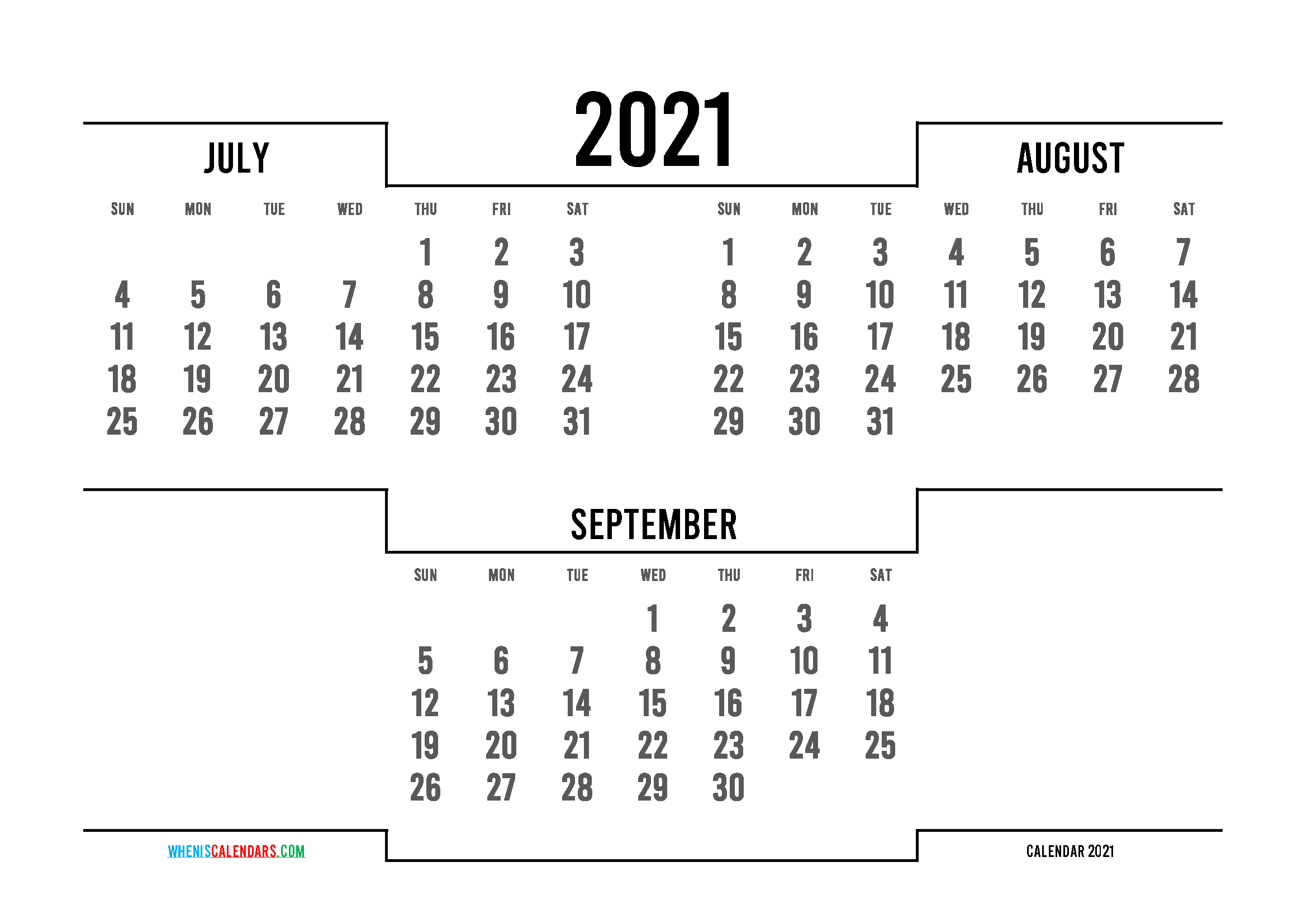 July August September 2021 Printable Calendar Free