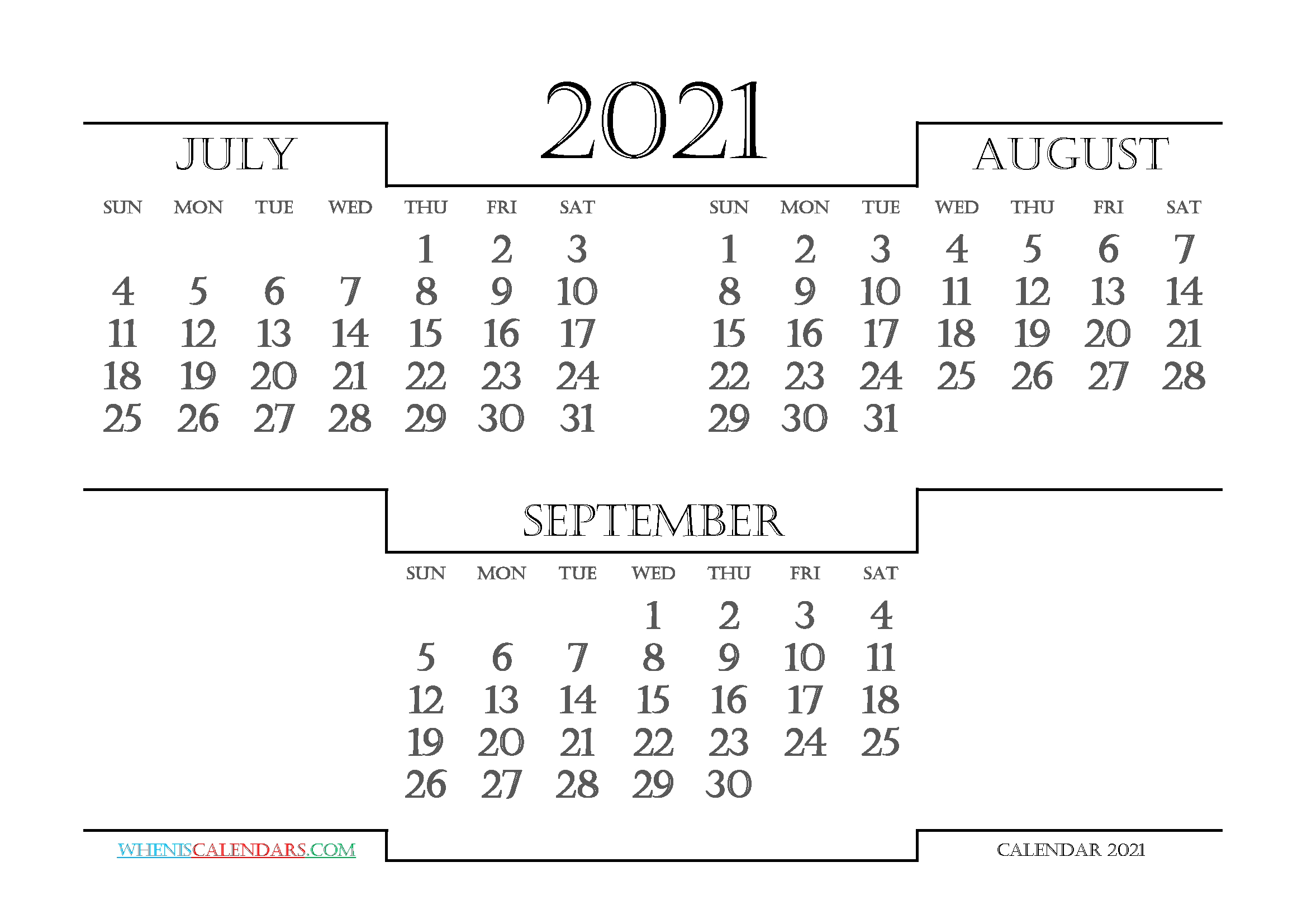 Calendar July August September 2021 Printable